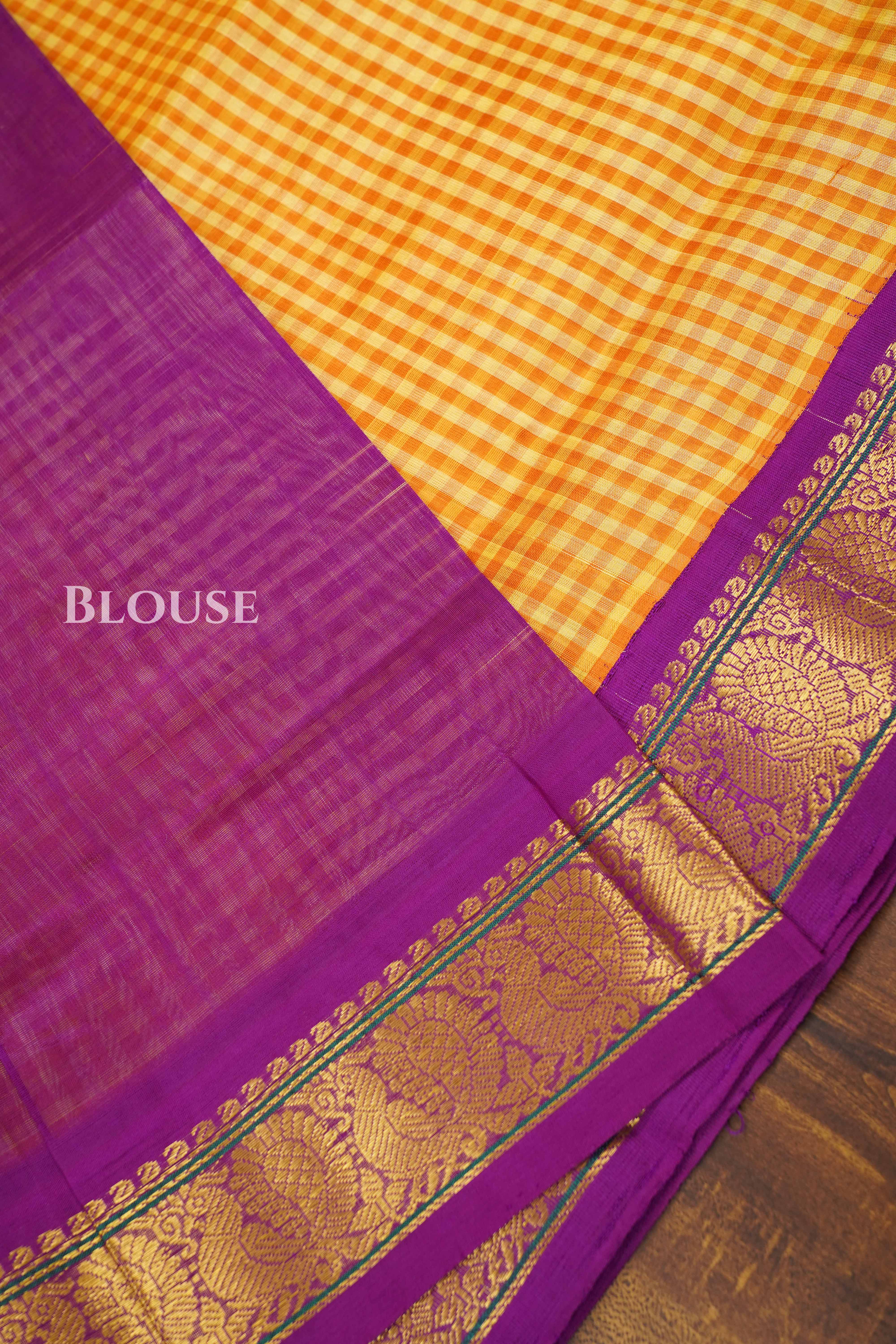 Yellow Checks With Purple Pure Silk Cotton Saree