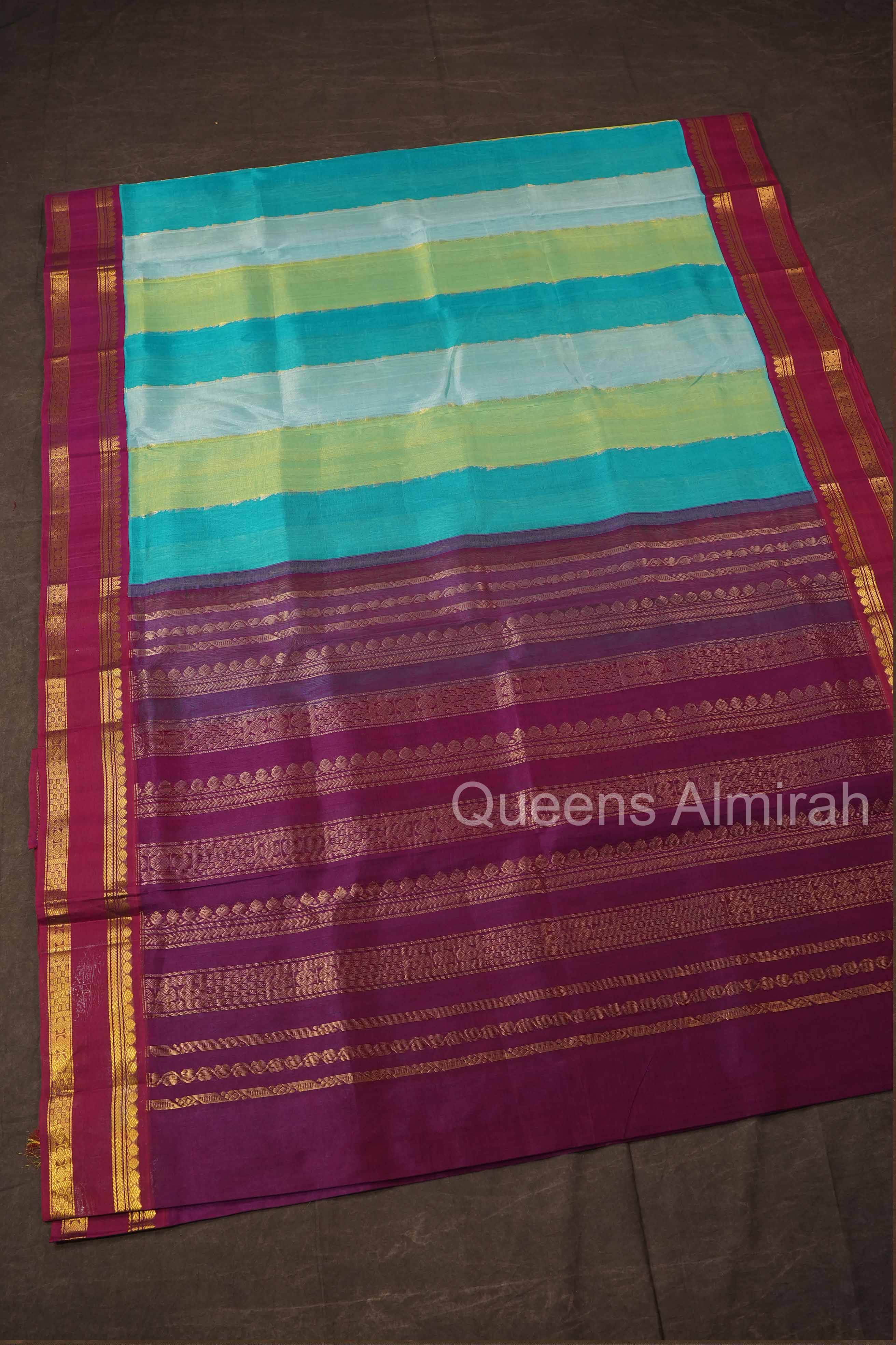 Multi Color With Purple Gap Border Pure Silk Cotton Saree