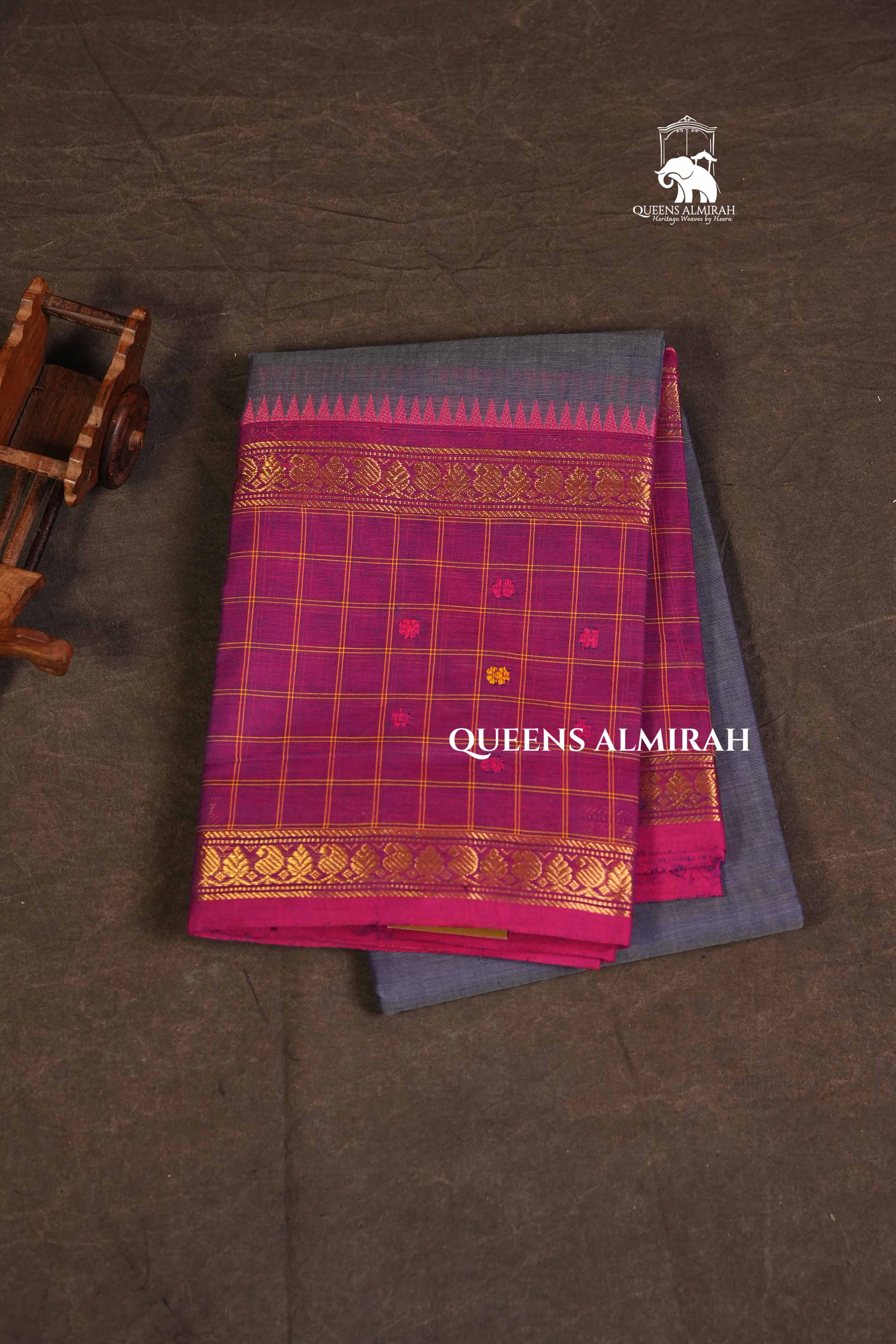 Ash With Pink Long Checked Border Kanchi Cotton Saree