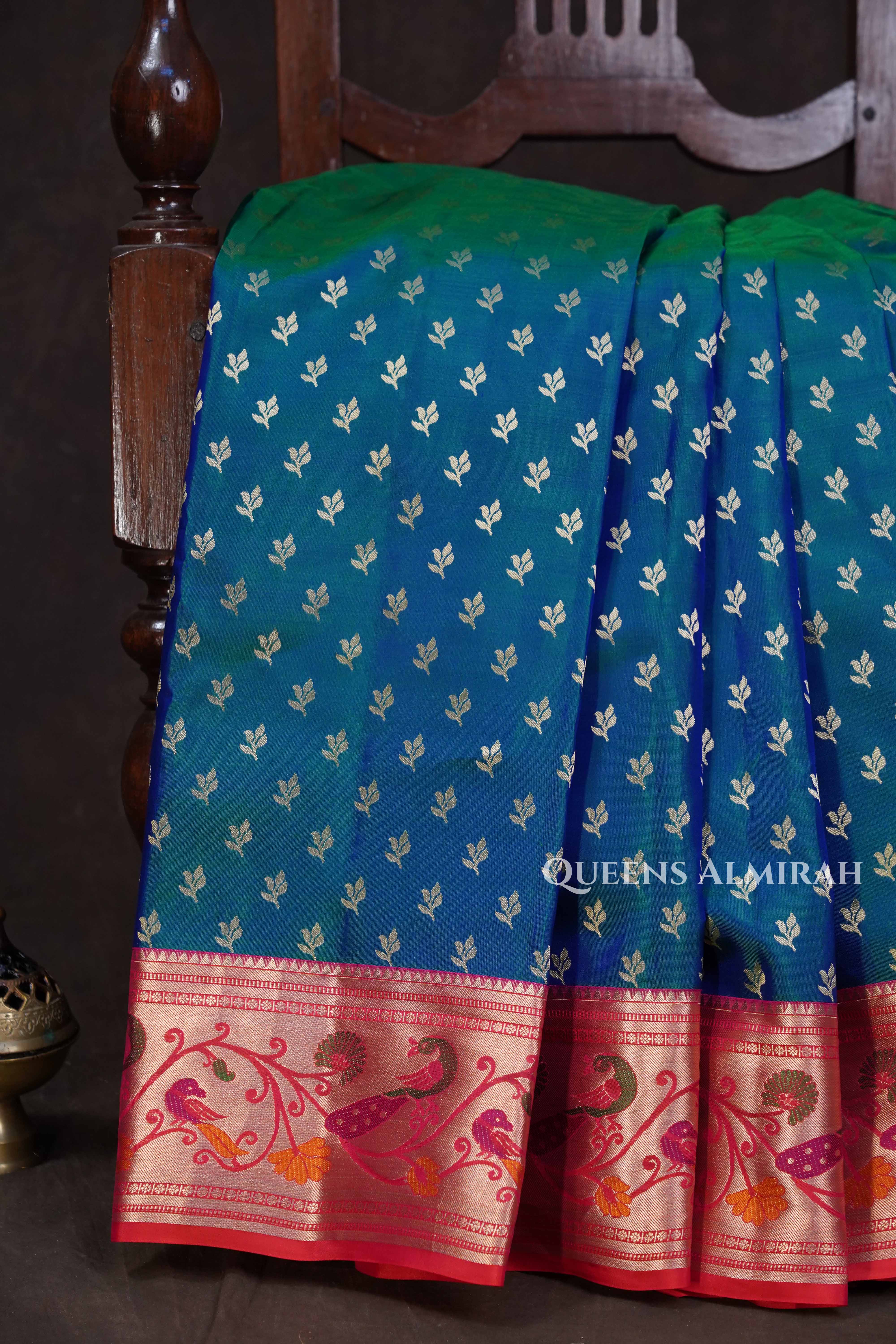 Peacock Blue With Red Paithani Border Pure Kanchivaram Silk Saree