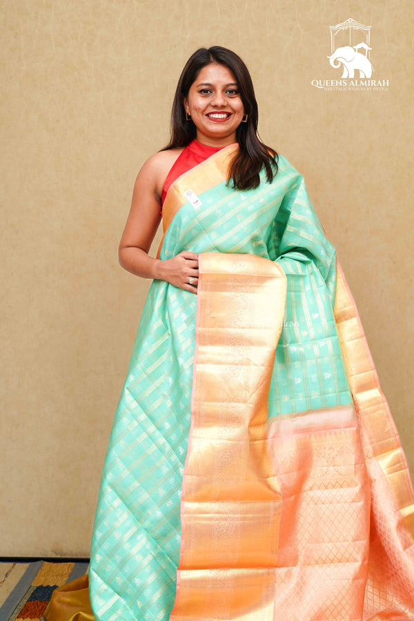 MINT GREEN WITH PEACH PINK KANCHIVARAM SILK SAREE - Queens Jewel Emporium