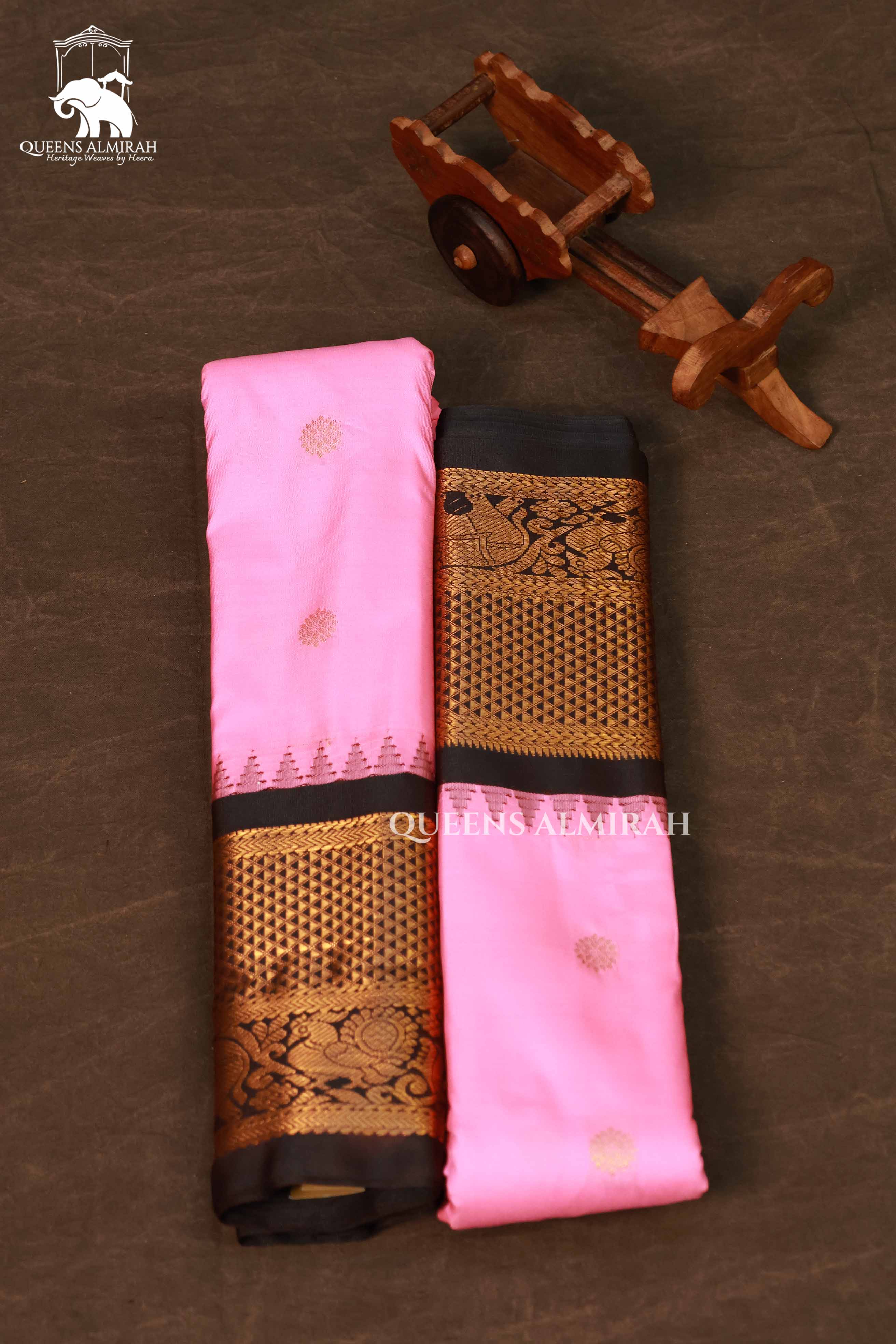 Lotus Pink With Brown Long And Short Border Semi Gadwal Silk Saree