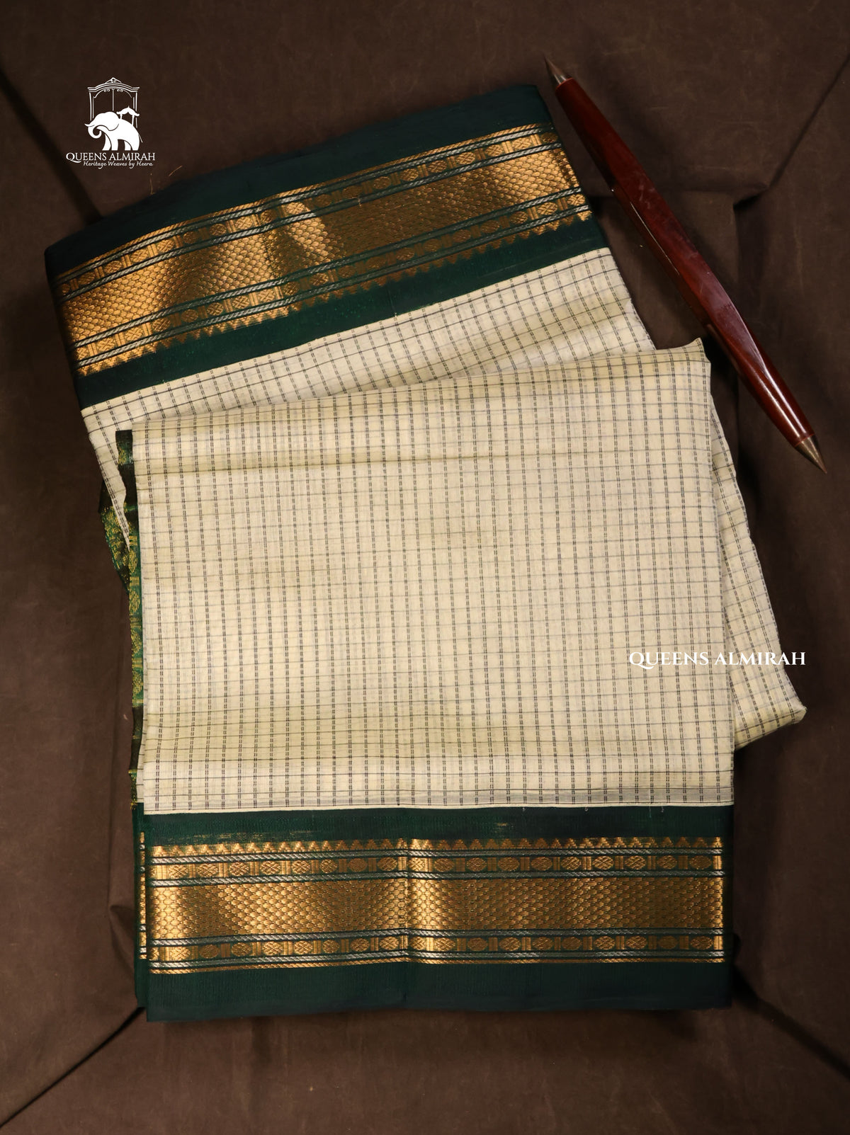 White Kattam With Green Pure Silk Cotton Saree