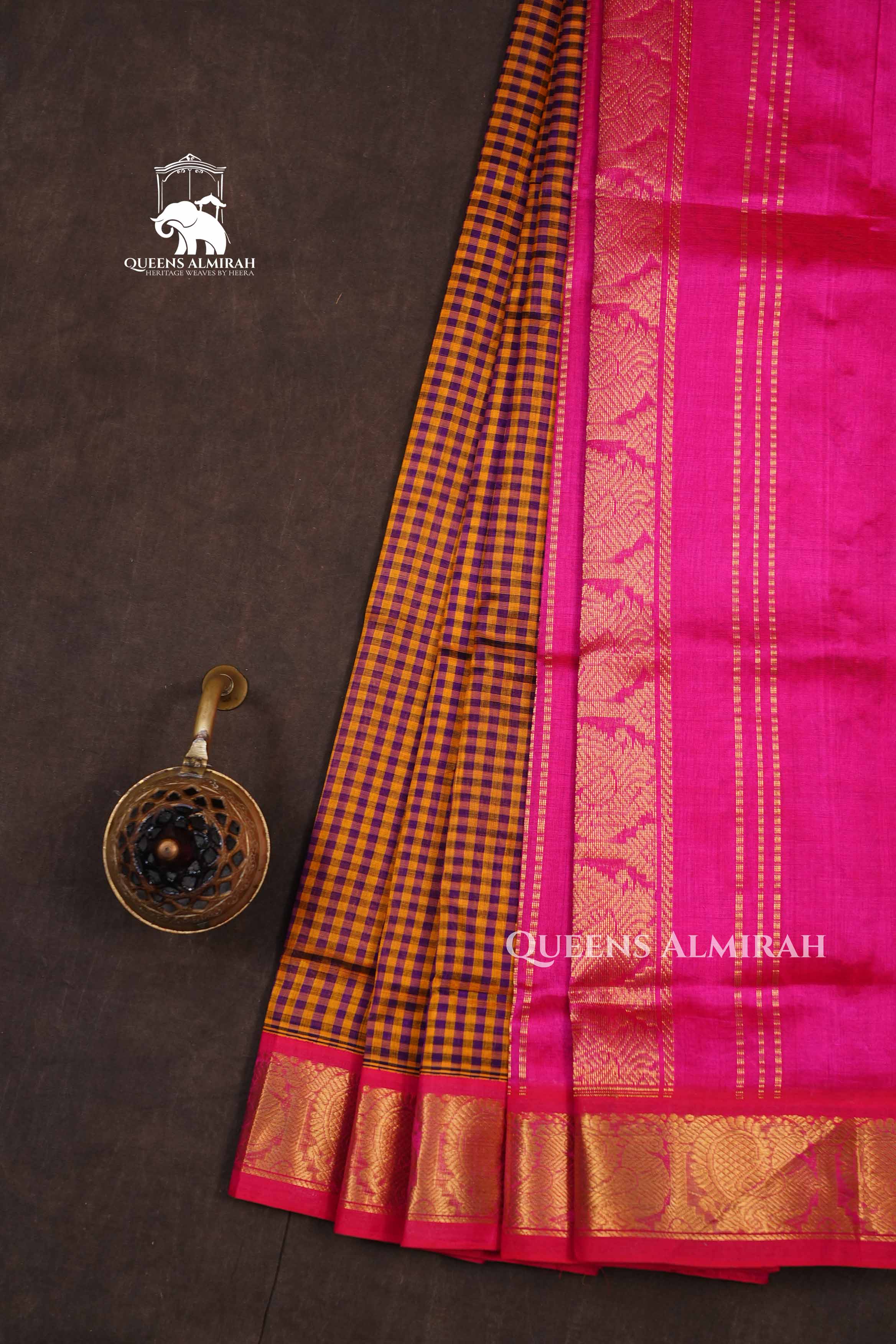 Brown Checked With Pink Pure Silk Cotton Saree