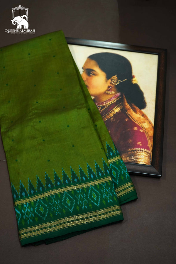DARK OLIVE GREEN WITH FOREST GREEN MULBERRY SILK SAREE - Queens Jewel Emporium