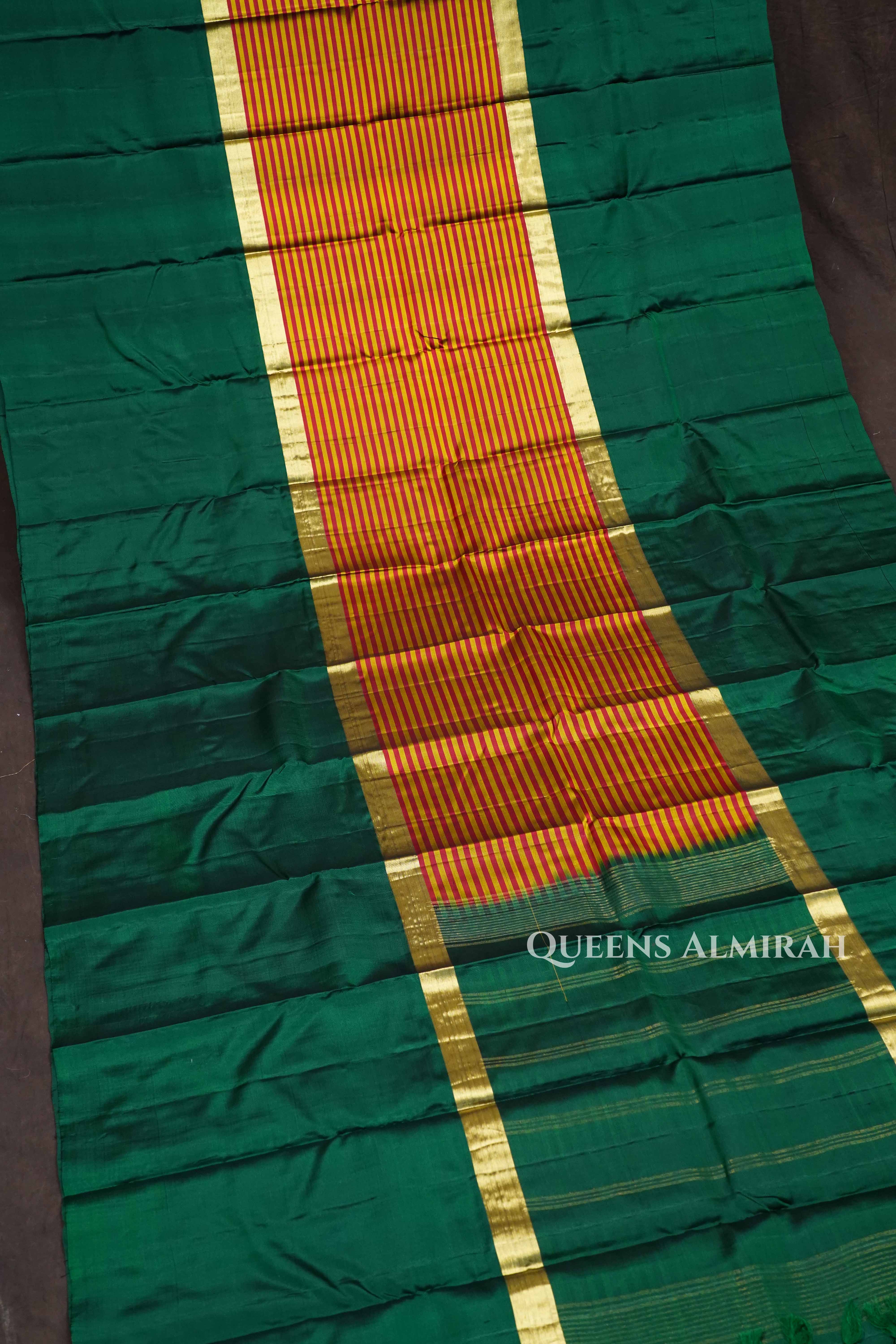 Dark Green With Stripes Pure Kanchivaram Silk Saree