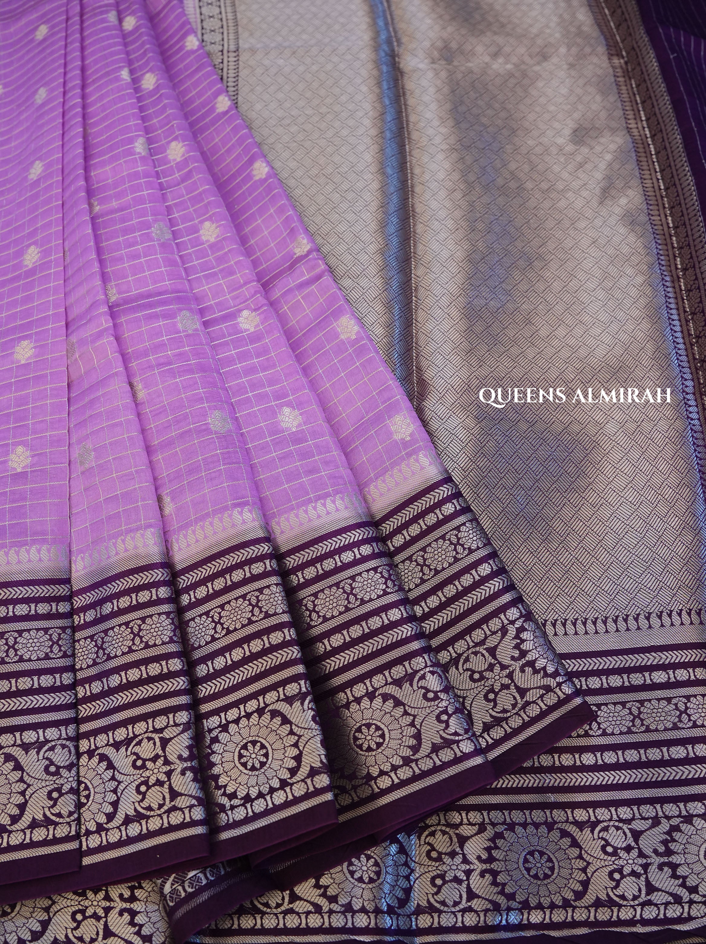 Lilac Pink With Purple Semi Banarasi Silk Saree