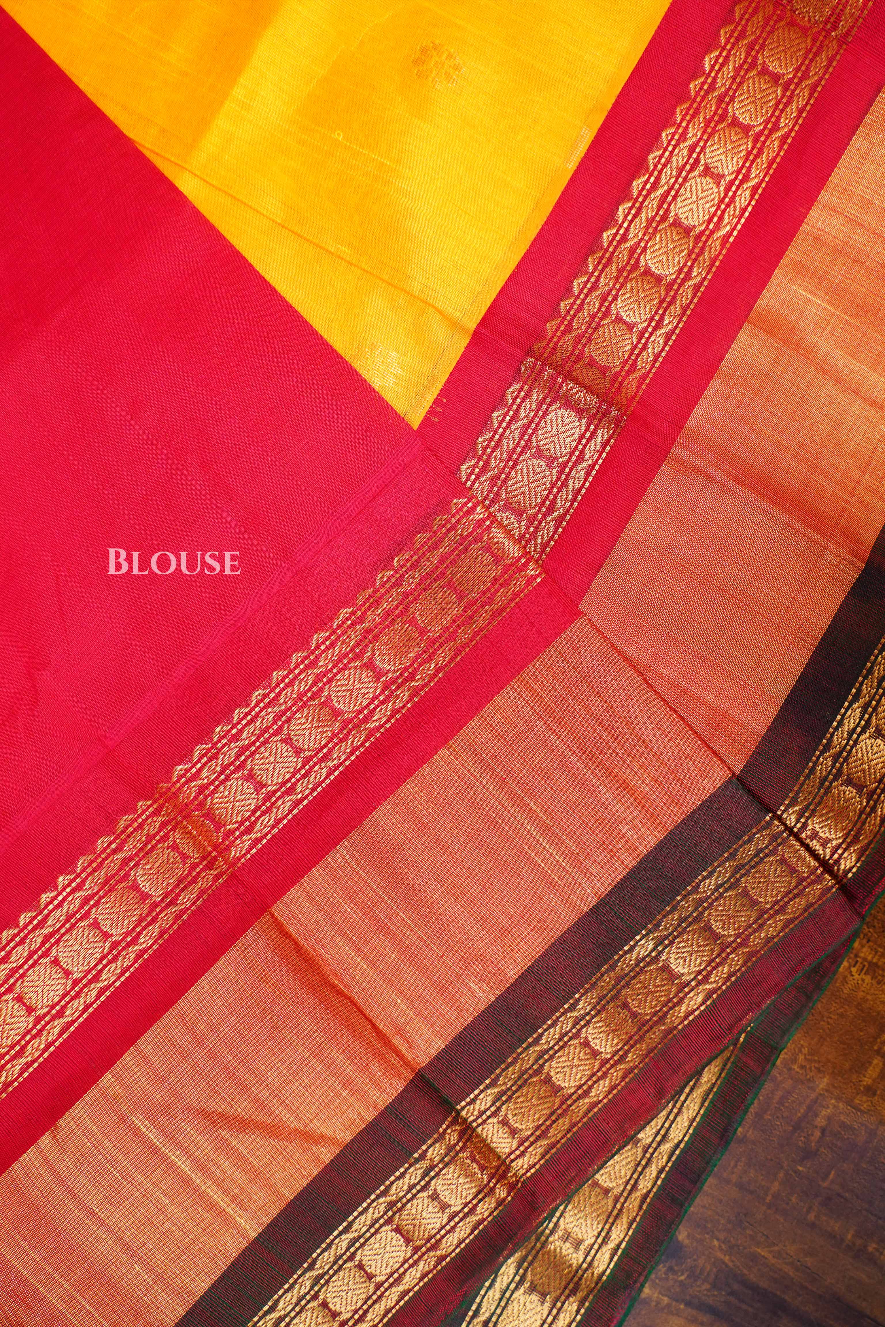 Mango Yellow With Red And Black Border Pure Kanchi Silk Cotton Saree