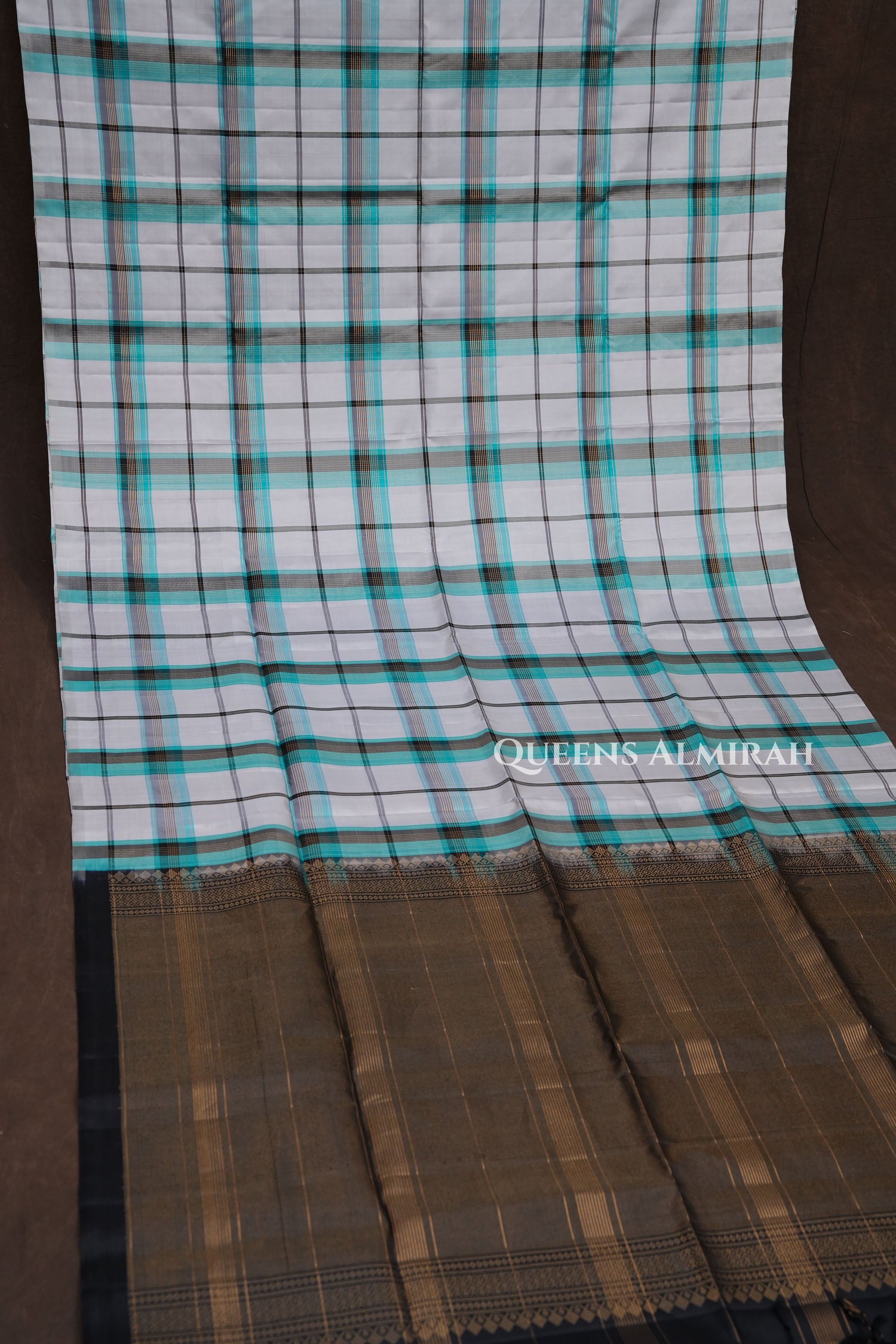 Silver With Turquoise Blue Burberry Checks Pure Soft Silk Saree