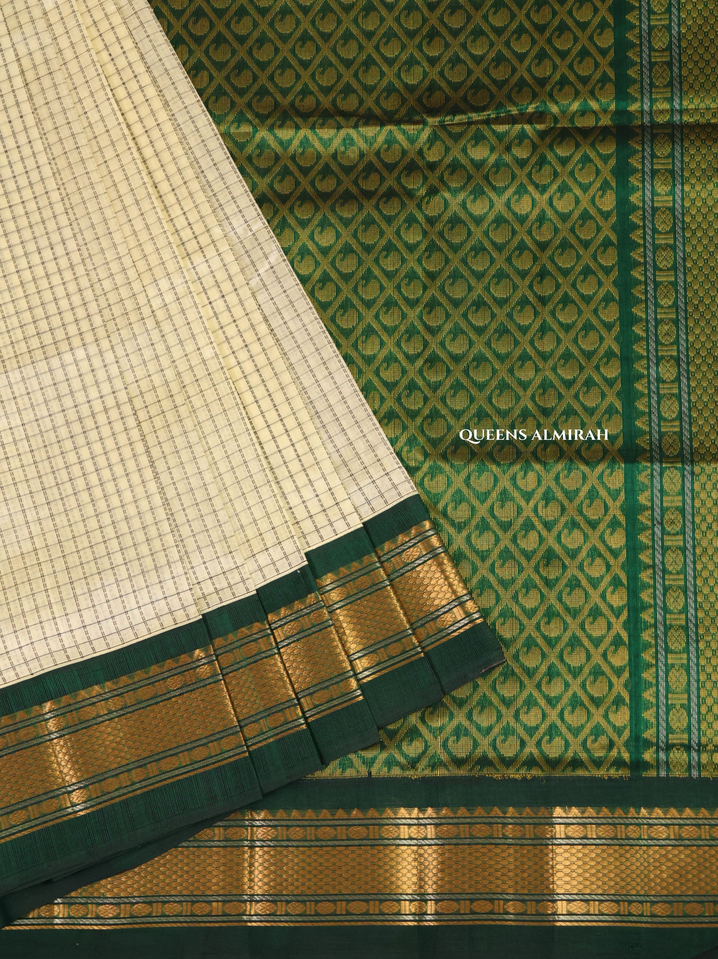 White Kattam With Green Pure Silk Cotton Saree