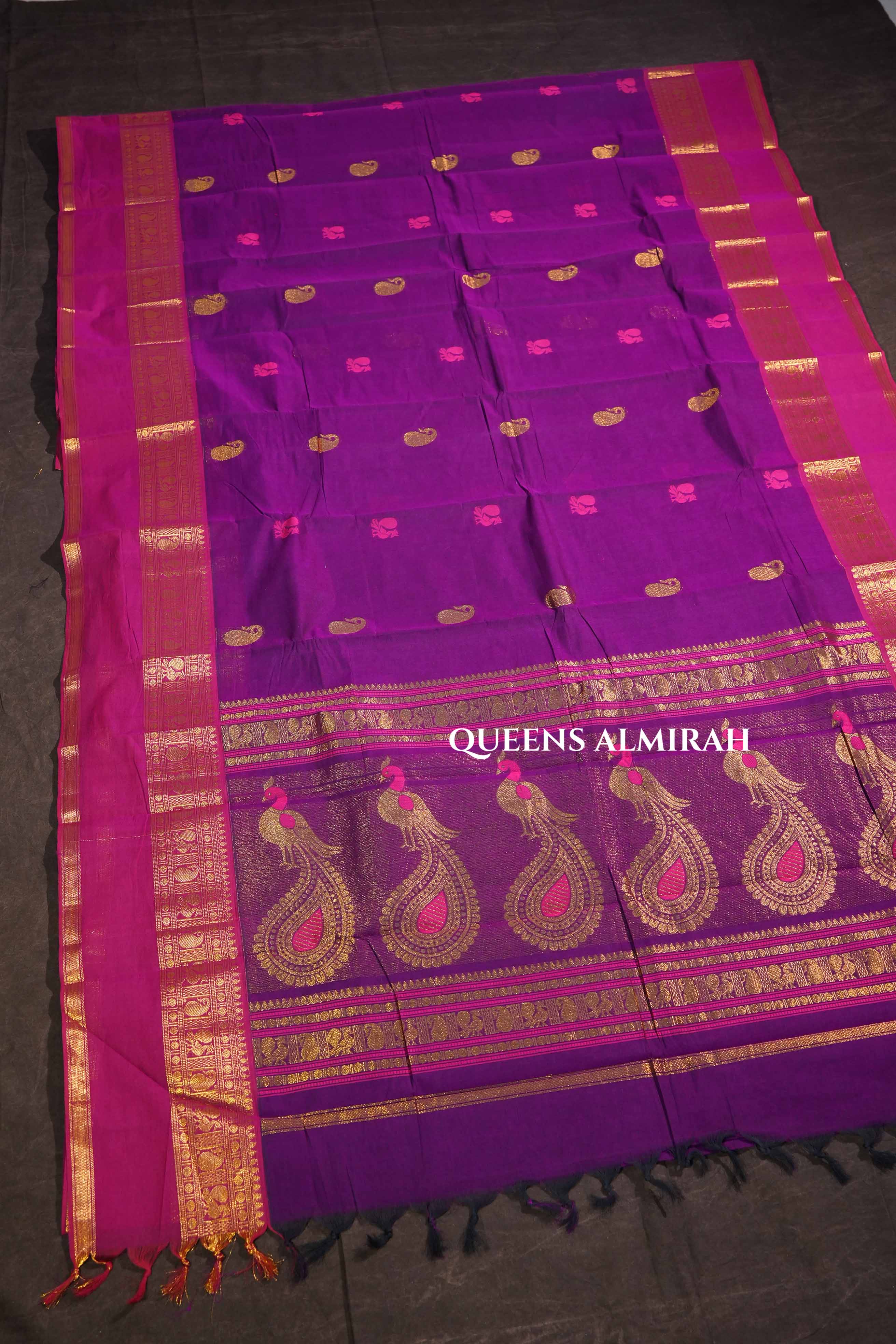 Purple With Pink Peacocok Border Kanchi Cotton Saree