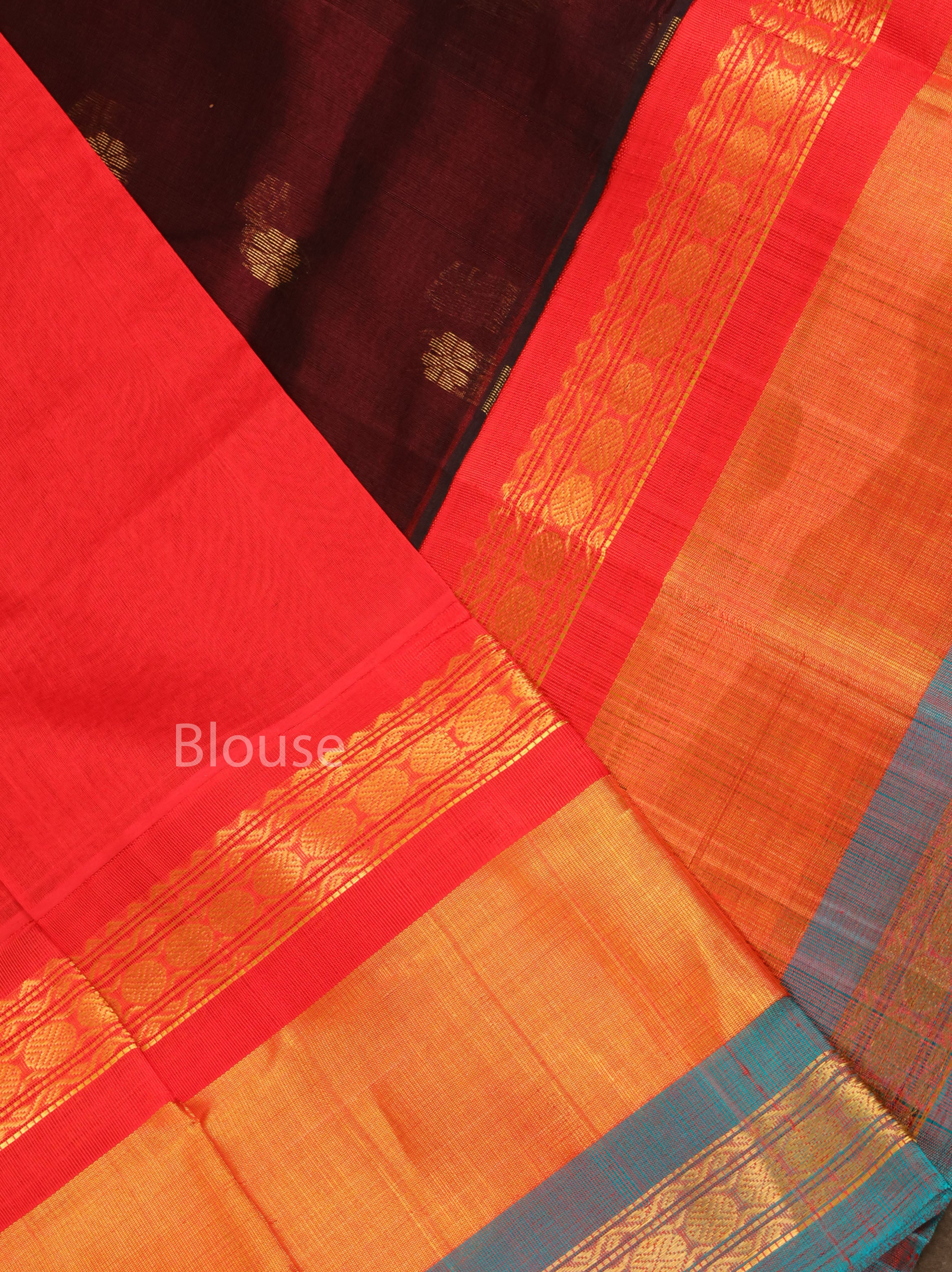 Dark Brown With Red And Blue Pure Silk Cotton Saree