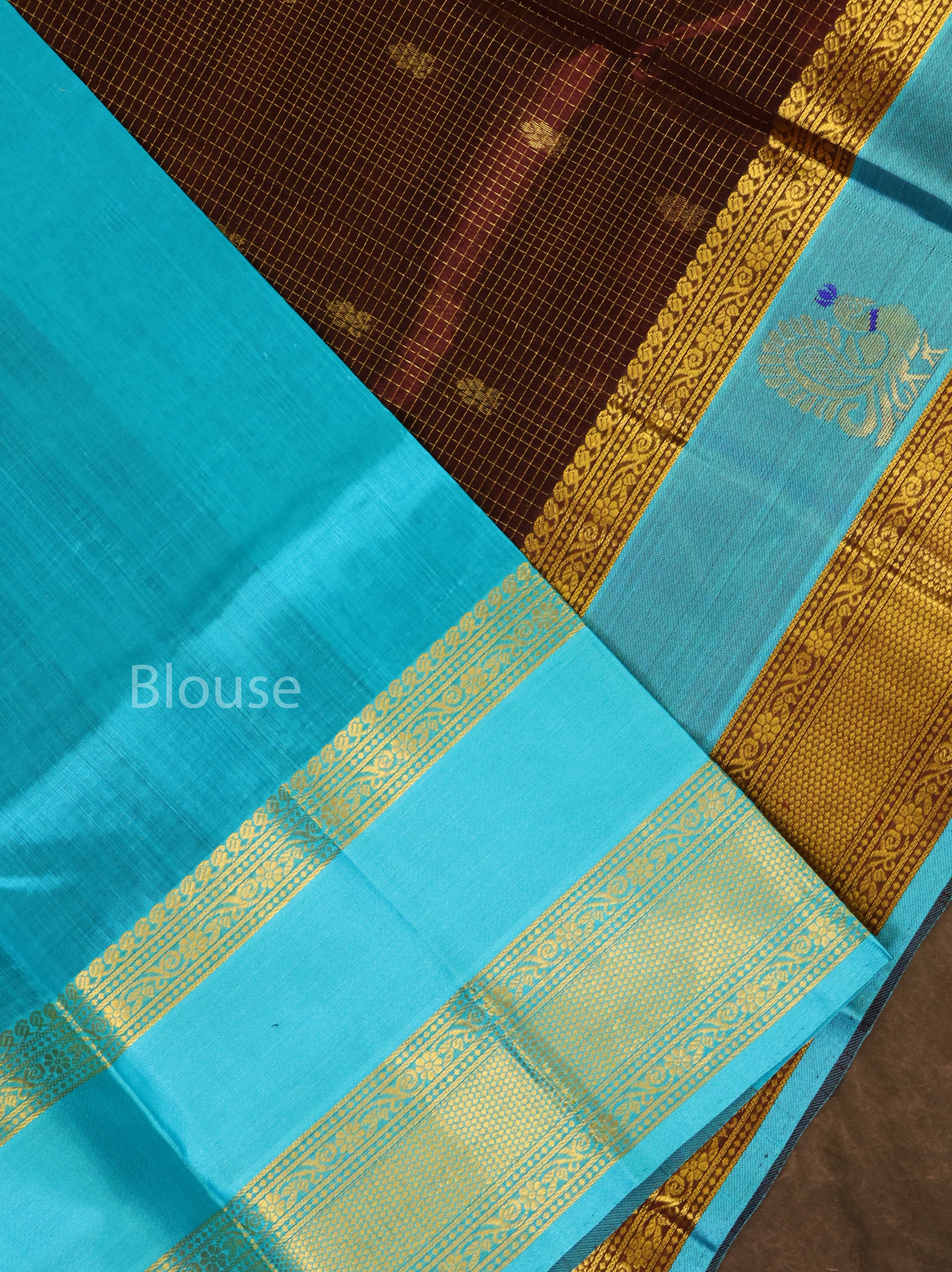 Brown With Blue Pure Silk Cotton Saree
