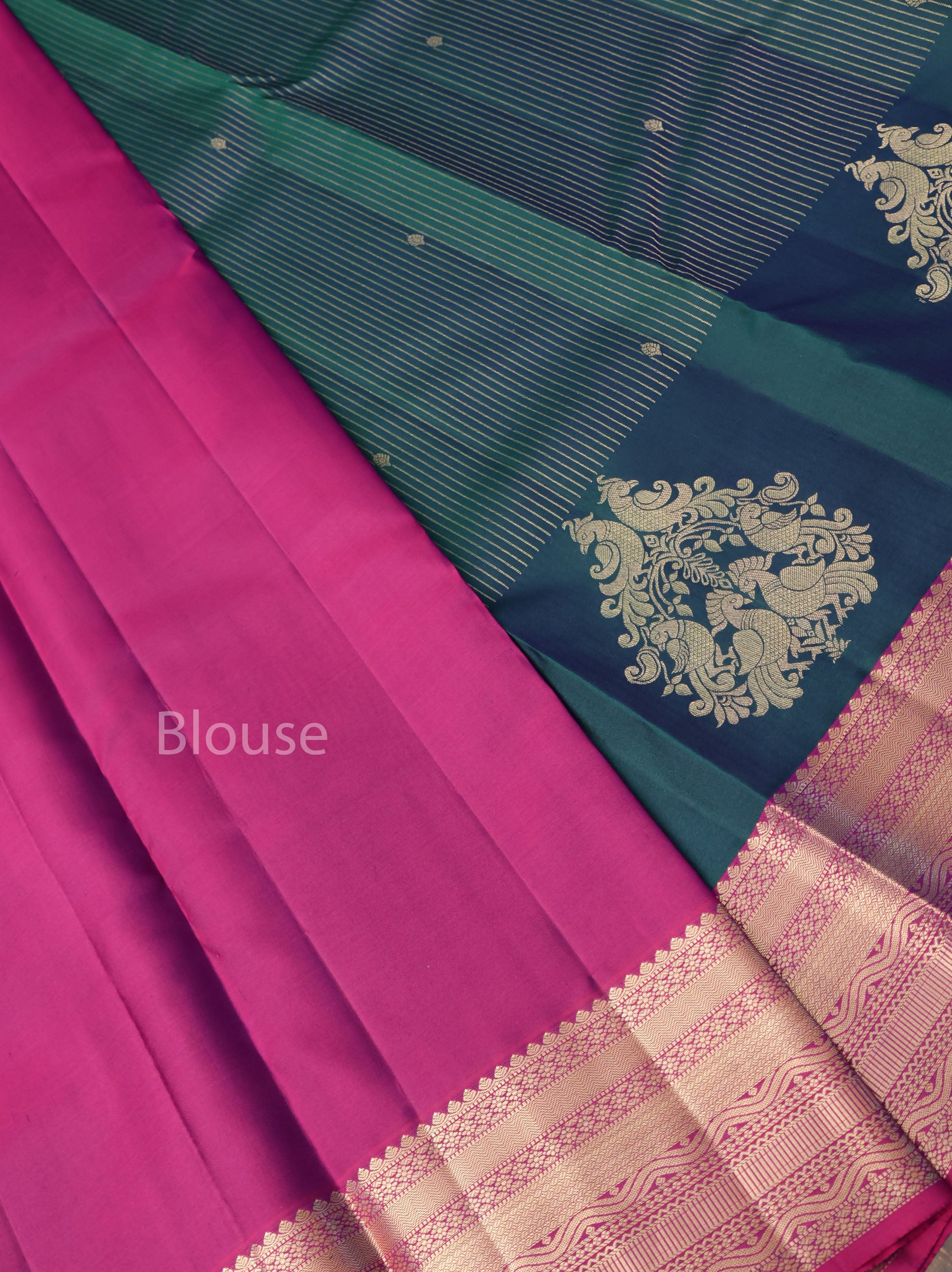 Peacock Green With Purple Pure Kanchivaram Silk Saree