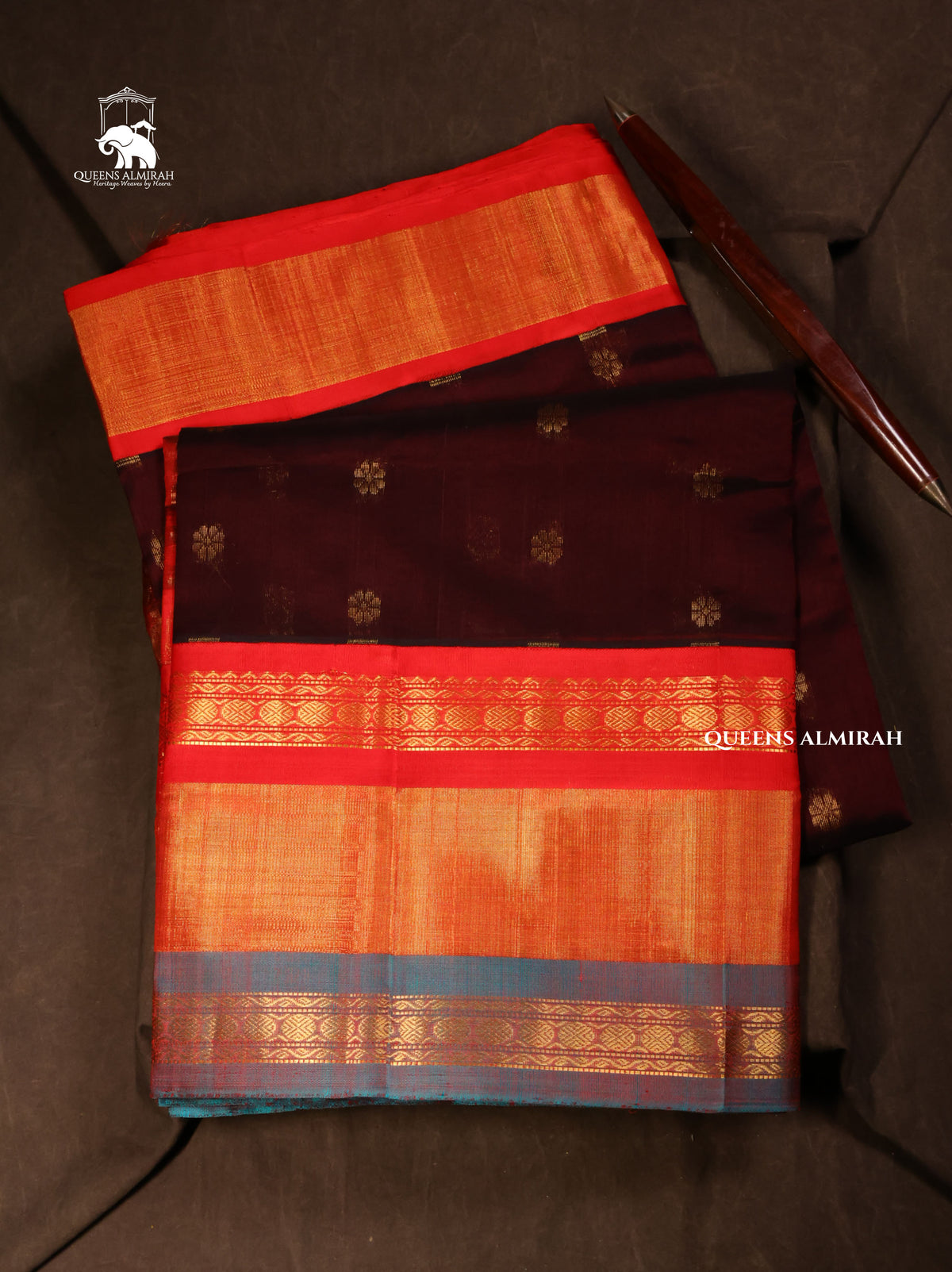 Dark Brown With Red And Blue Pure Silk Cotton Saree