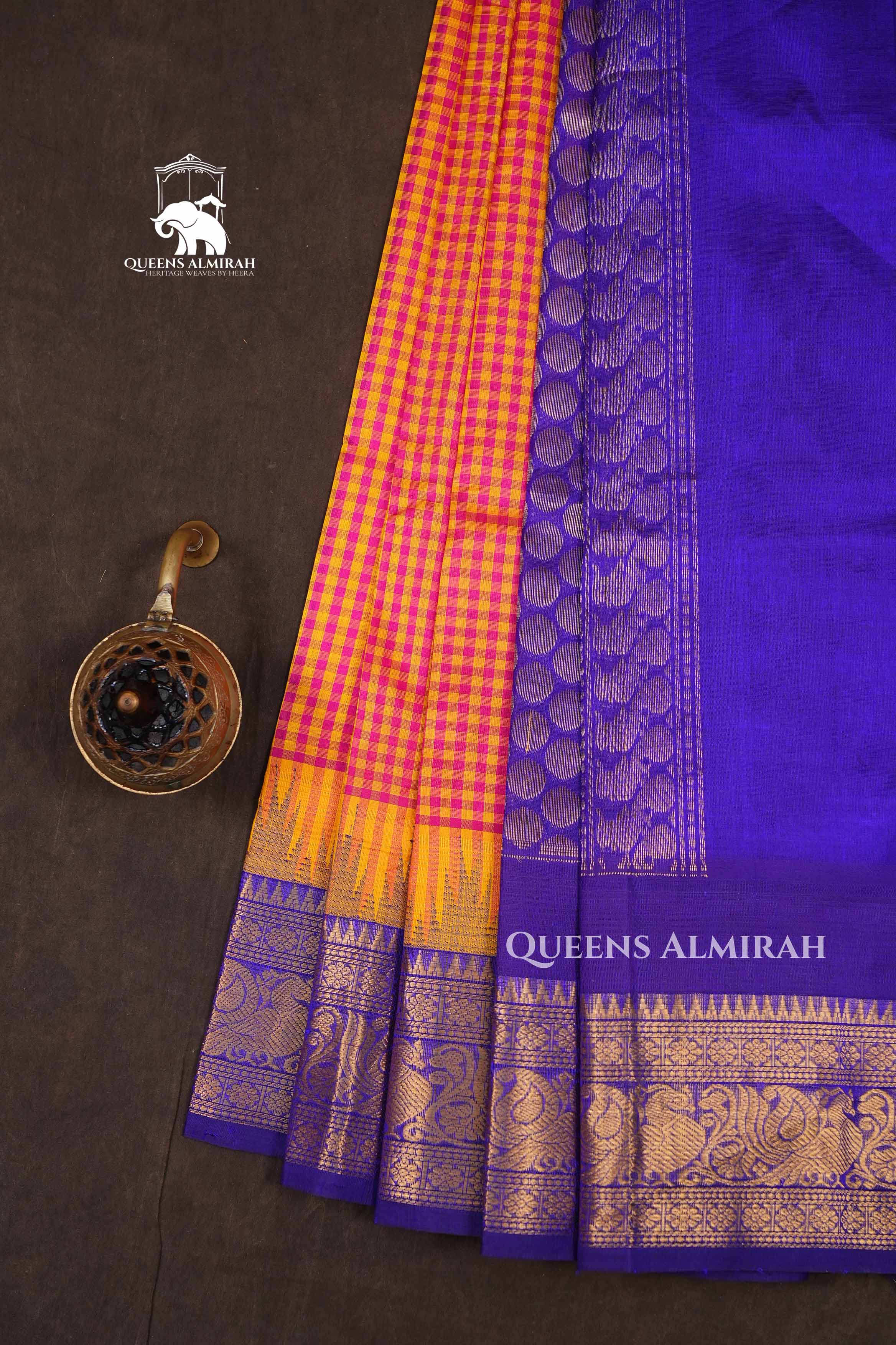 Orange Checked With Purple Pure Silk Cotton Saree