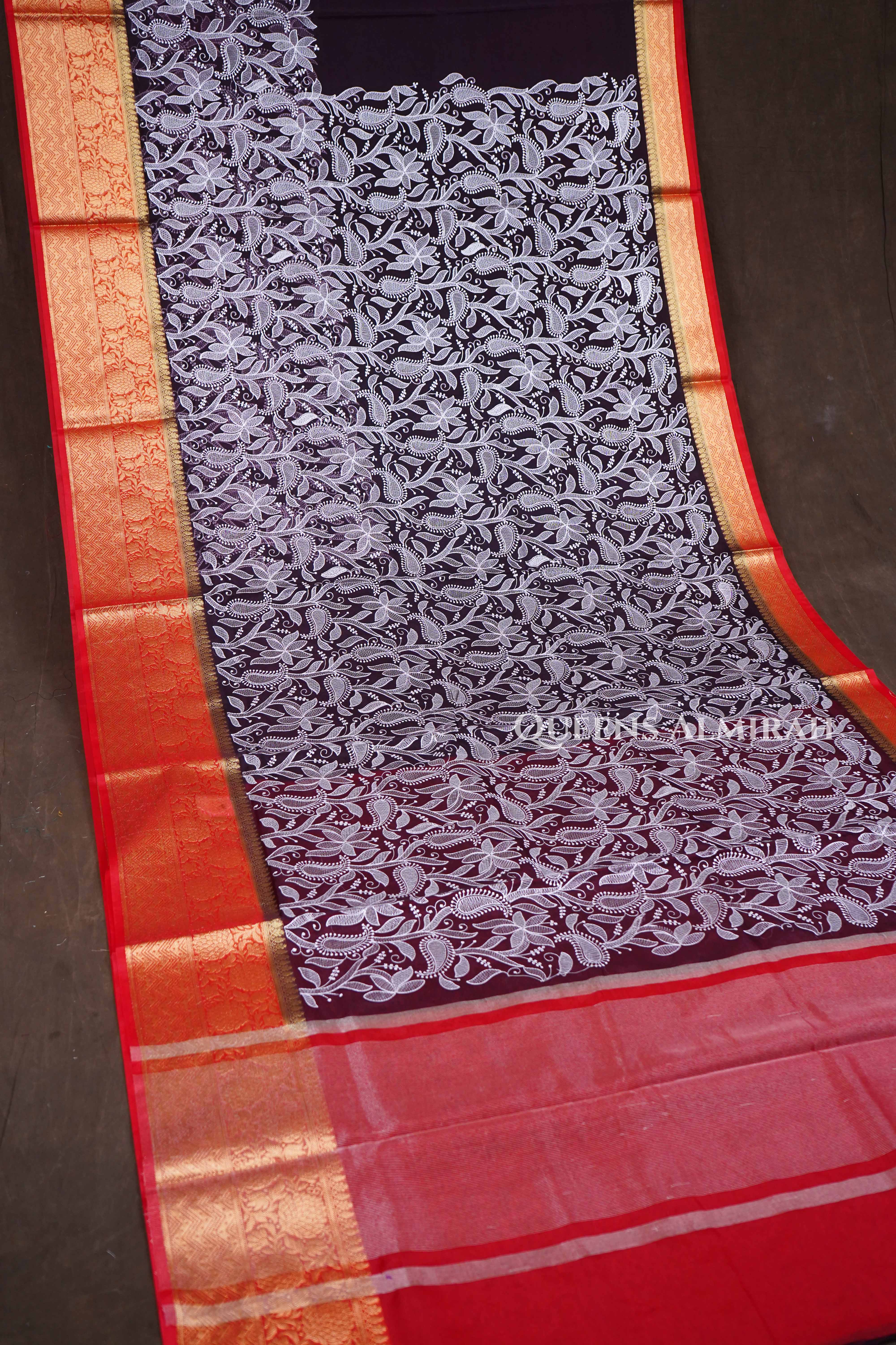 Cocoa Bean With Red Semi Banarasi Silk Saree