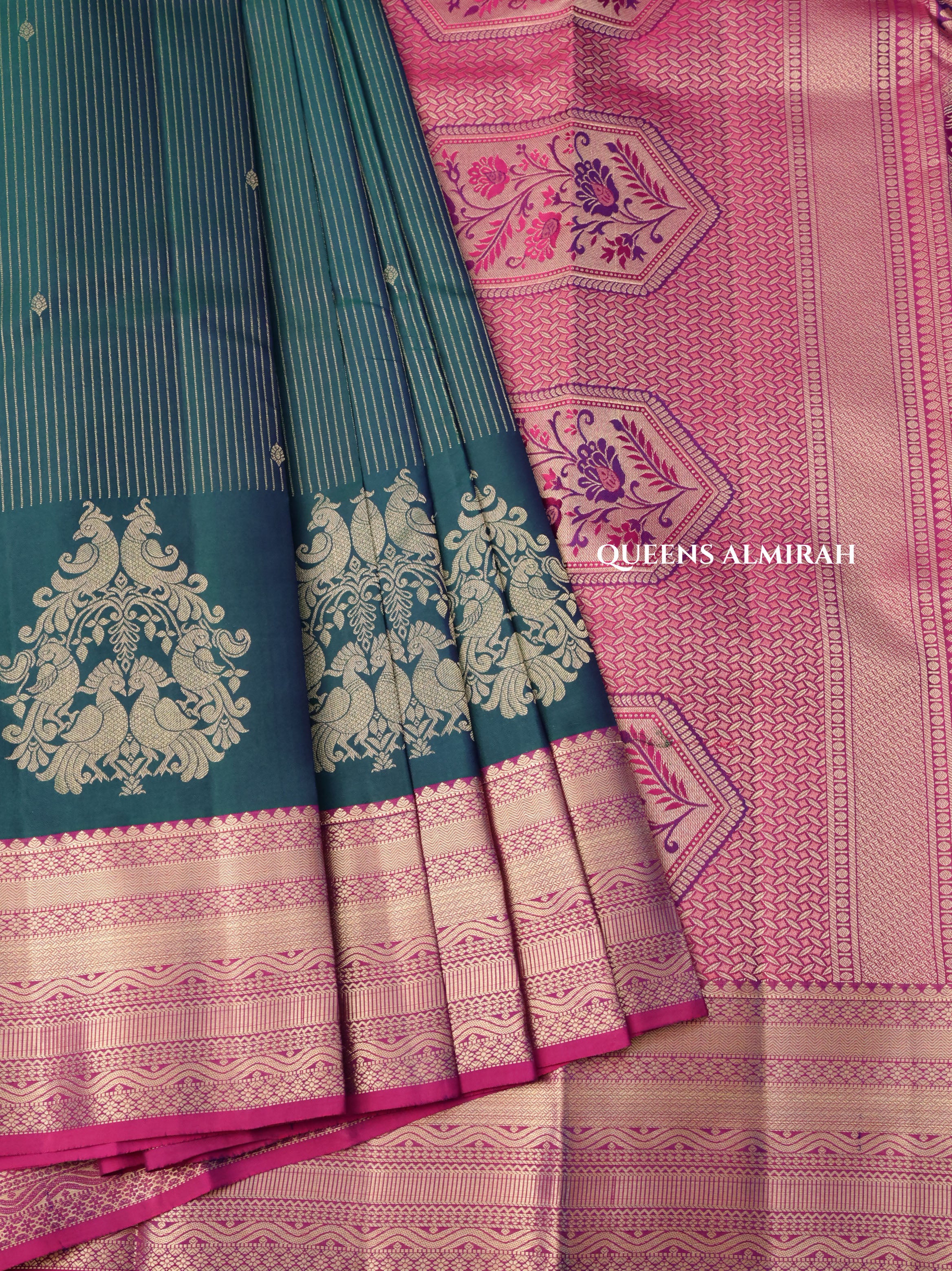 Peacock Green With Purple Pure Kanchivaram Silk Saree