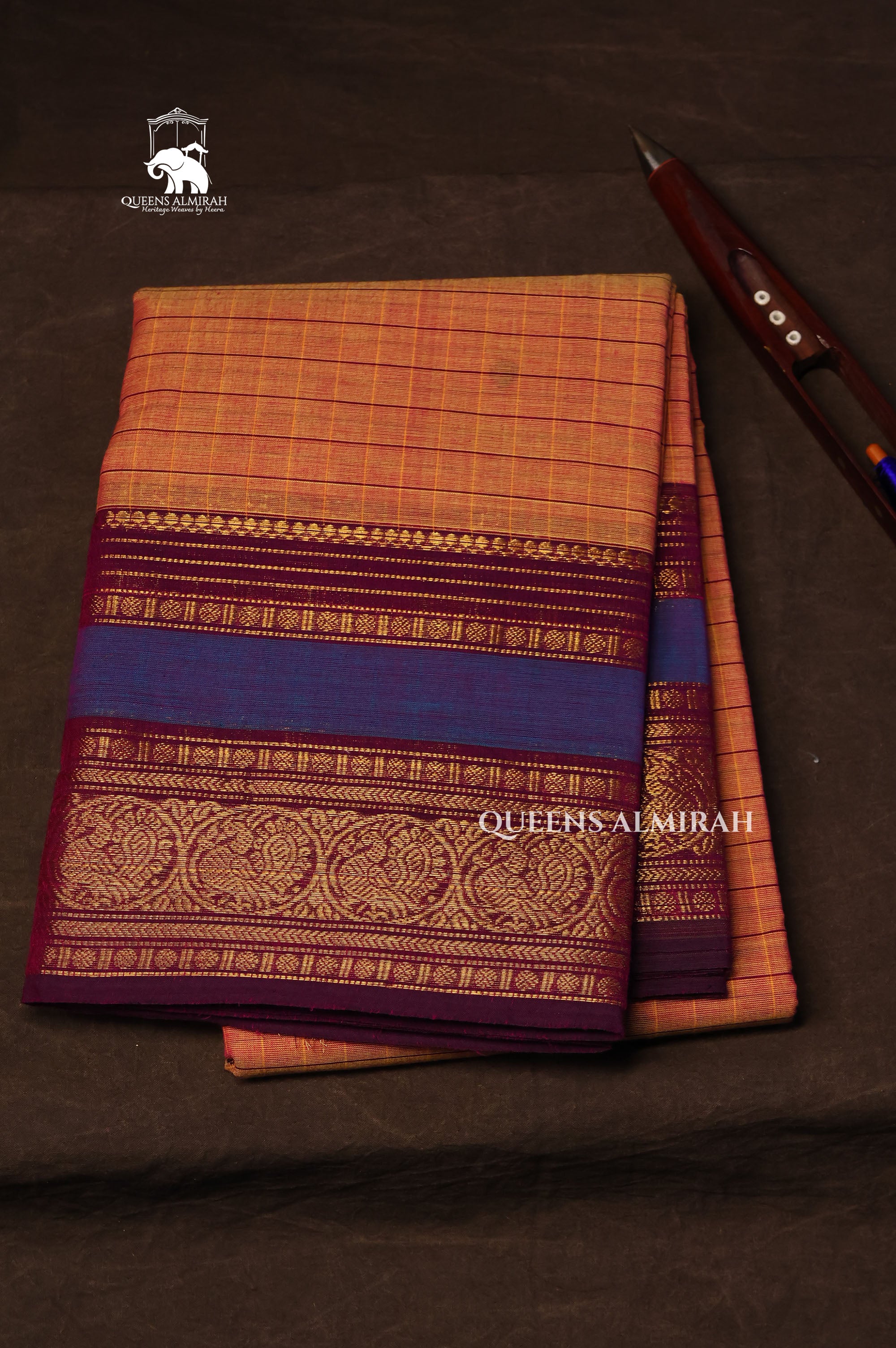 Orange Kattam With Purple Kanchi Cotton Saree