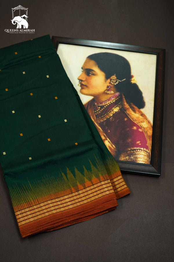 DARK GREEN WITH WOVEN BORDER MULBERRY SILK SAREE - Queens Jewel Emporium