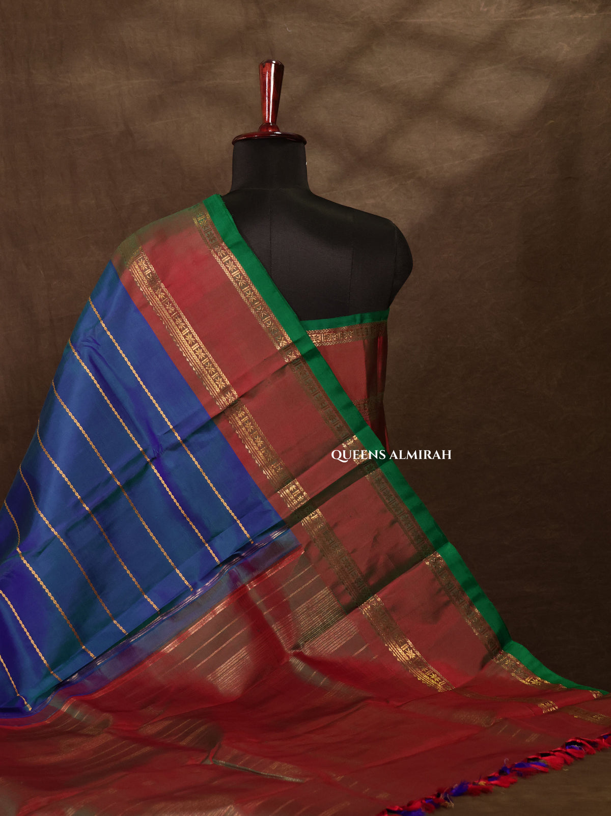 Peacock Blue With Brown Pure Kanchivaram Silk Saree