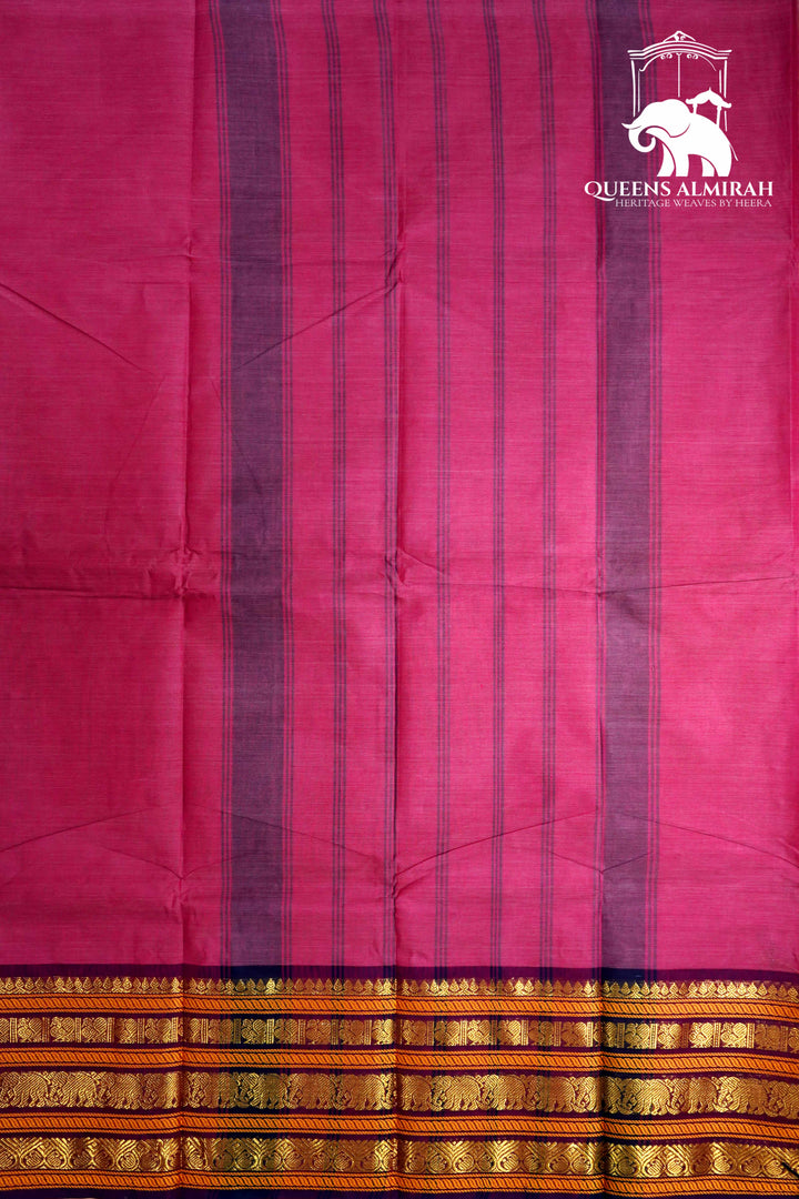 RASPBERRY PINK WITH DARK PURPLE KANCHI COTTON SAREE - Queens Jewel Emporium