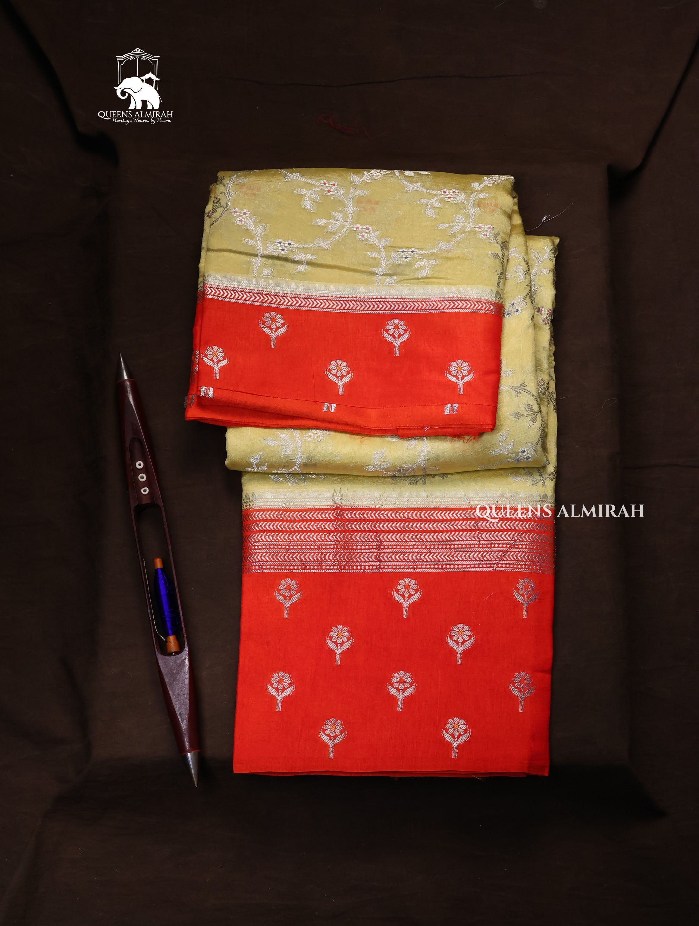 Lime Yellow With Red Semi Banarasi Silk Saree