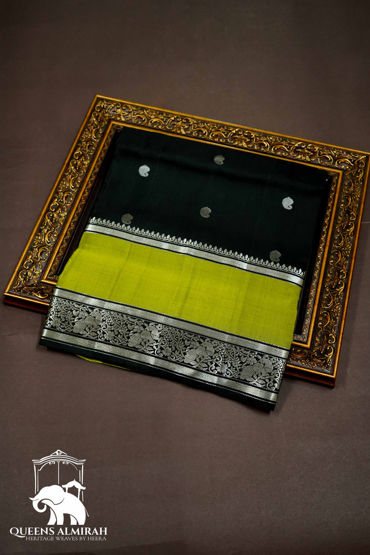 DARK BLACK WITH OLIVE GREEN SOFT SILK SAREE - Queens Jewel Emporium