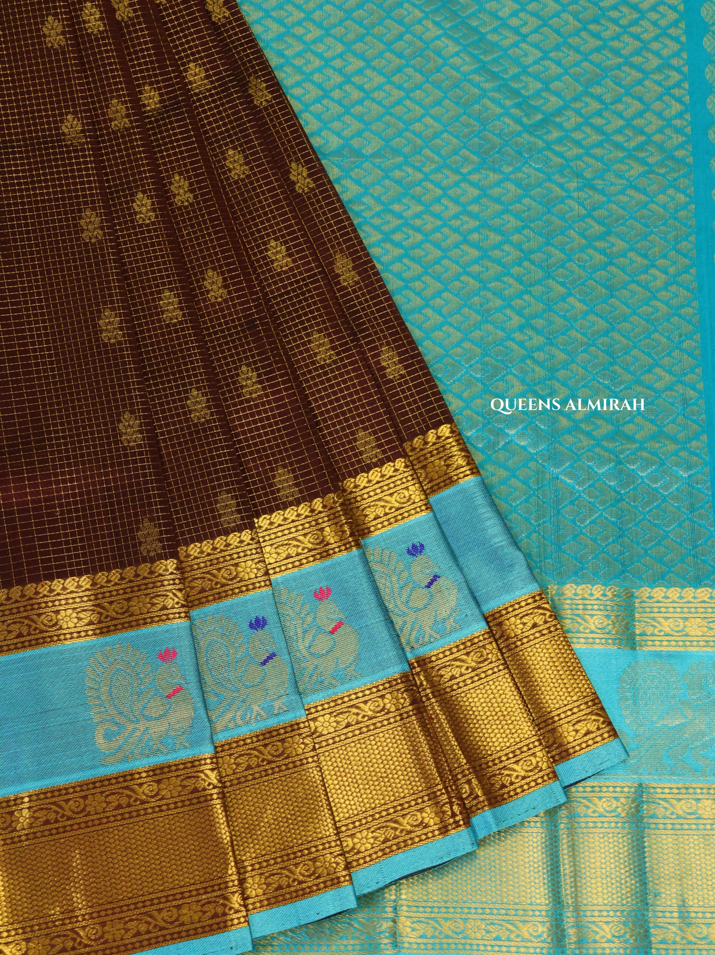 Brown With Blue Pure Silk Cotton Saree