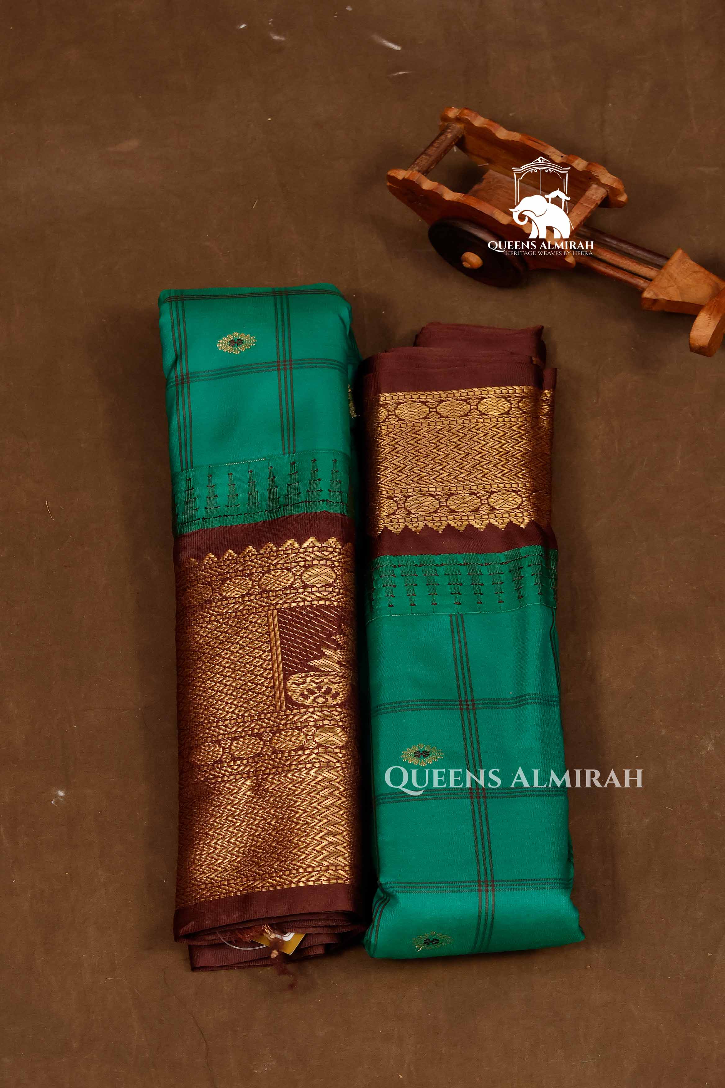 Peacock Green With Brown Semi Gadwal Silk Saree