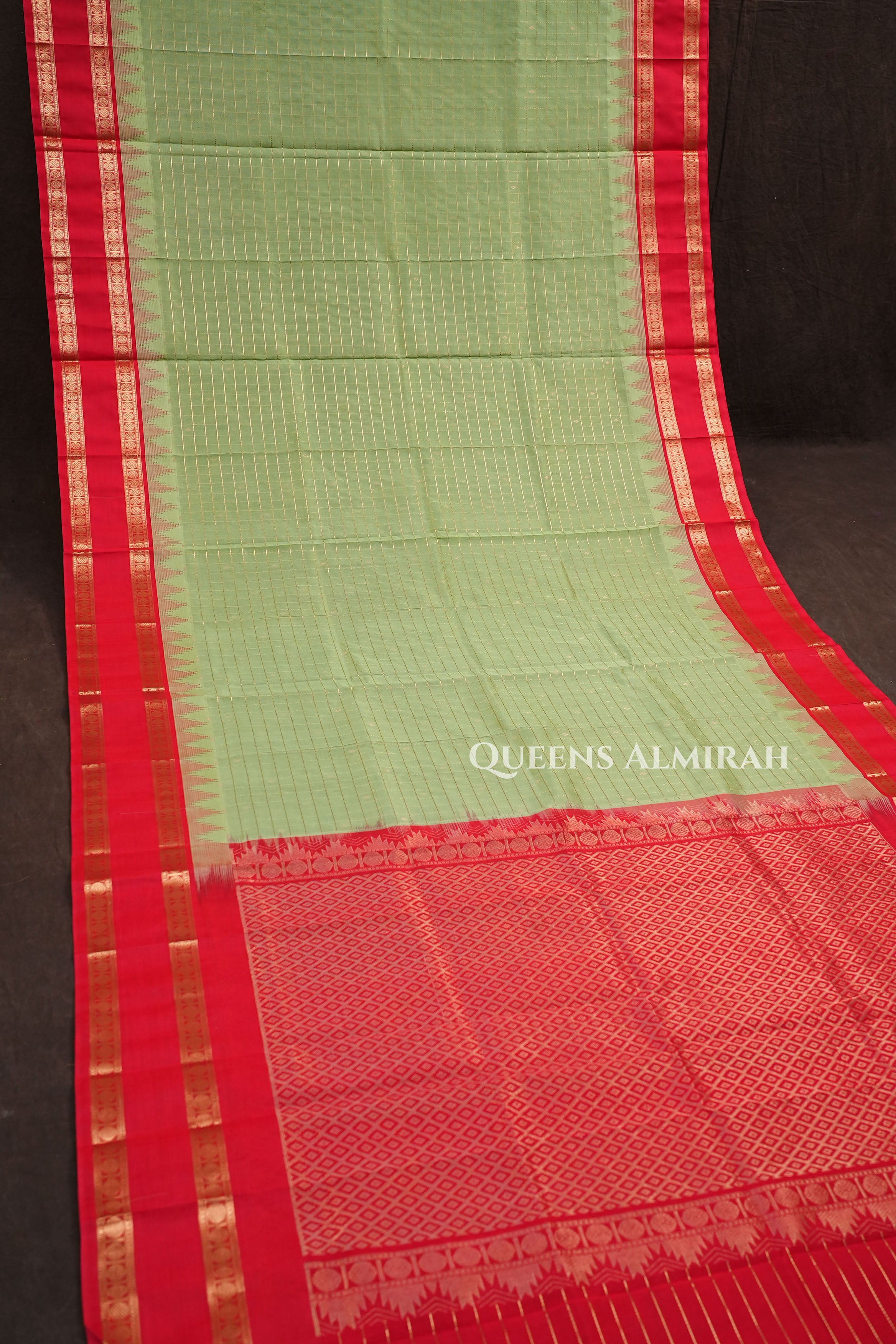 Light Green Kattam With Red Pure Silk Cotton Saree