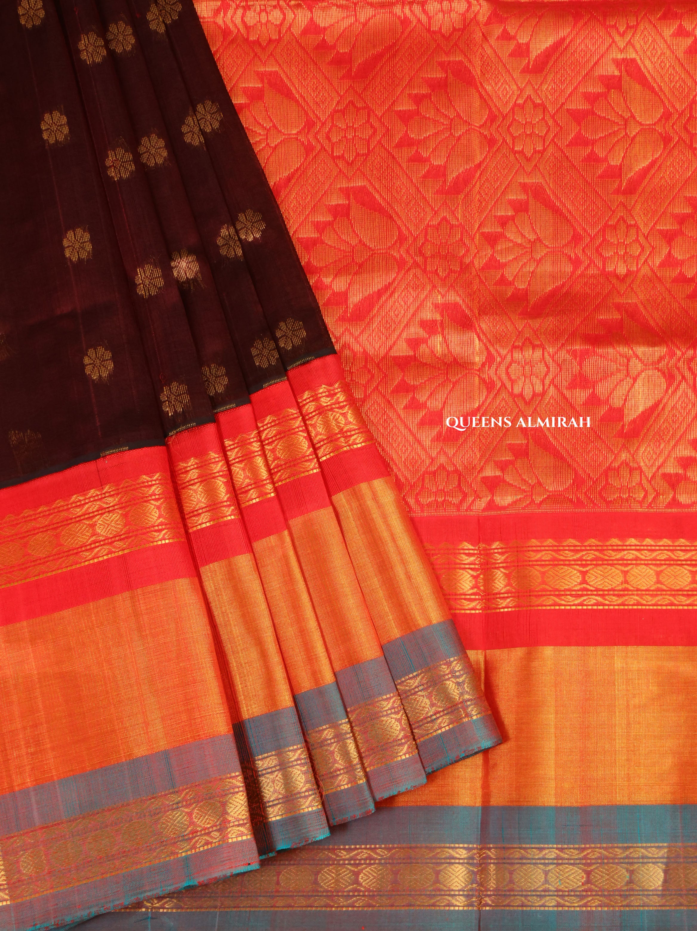 Dark Brown With Red And Blue Pure Silk Cotton Saree