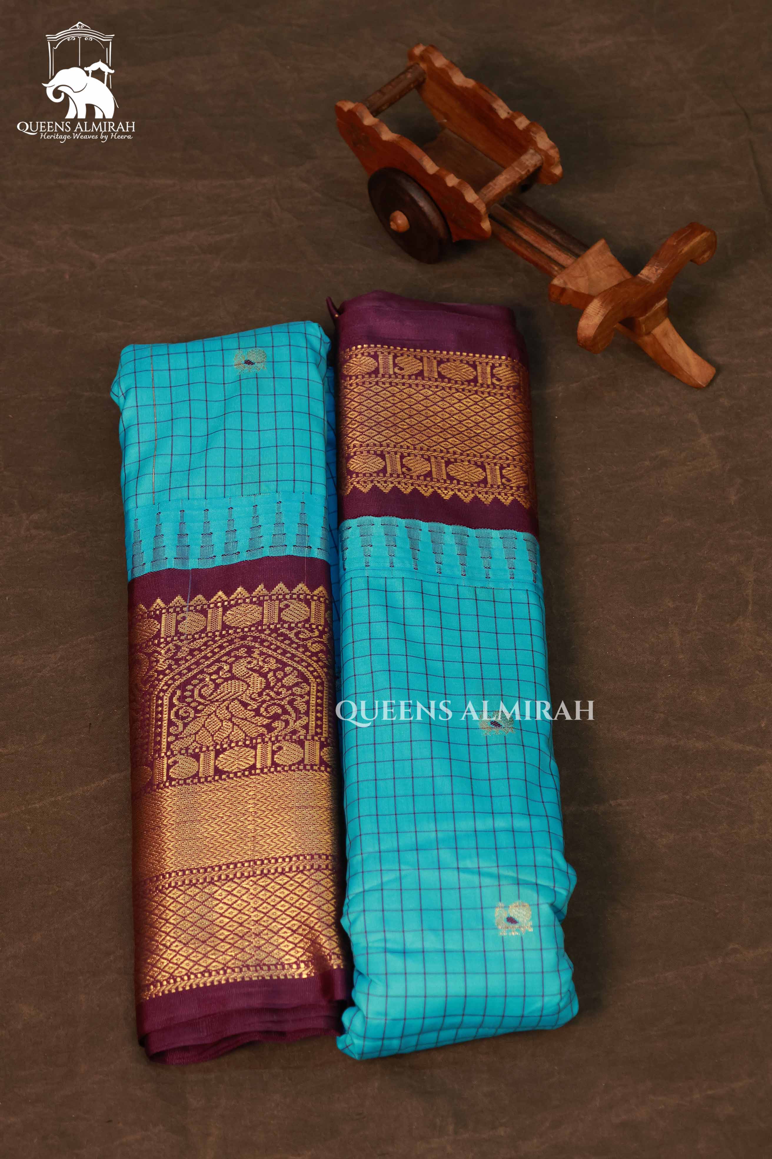 Sea Blue With Maroon Long And Short Border Semi Gadwal Silk Saree