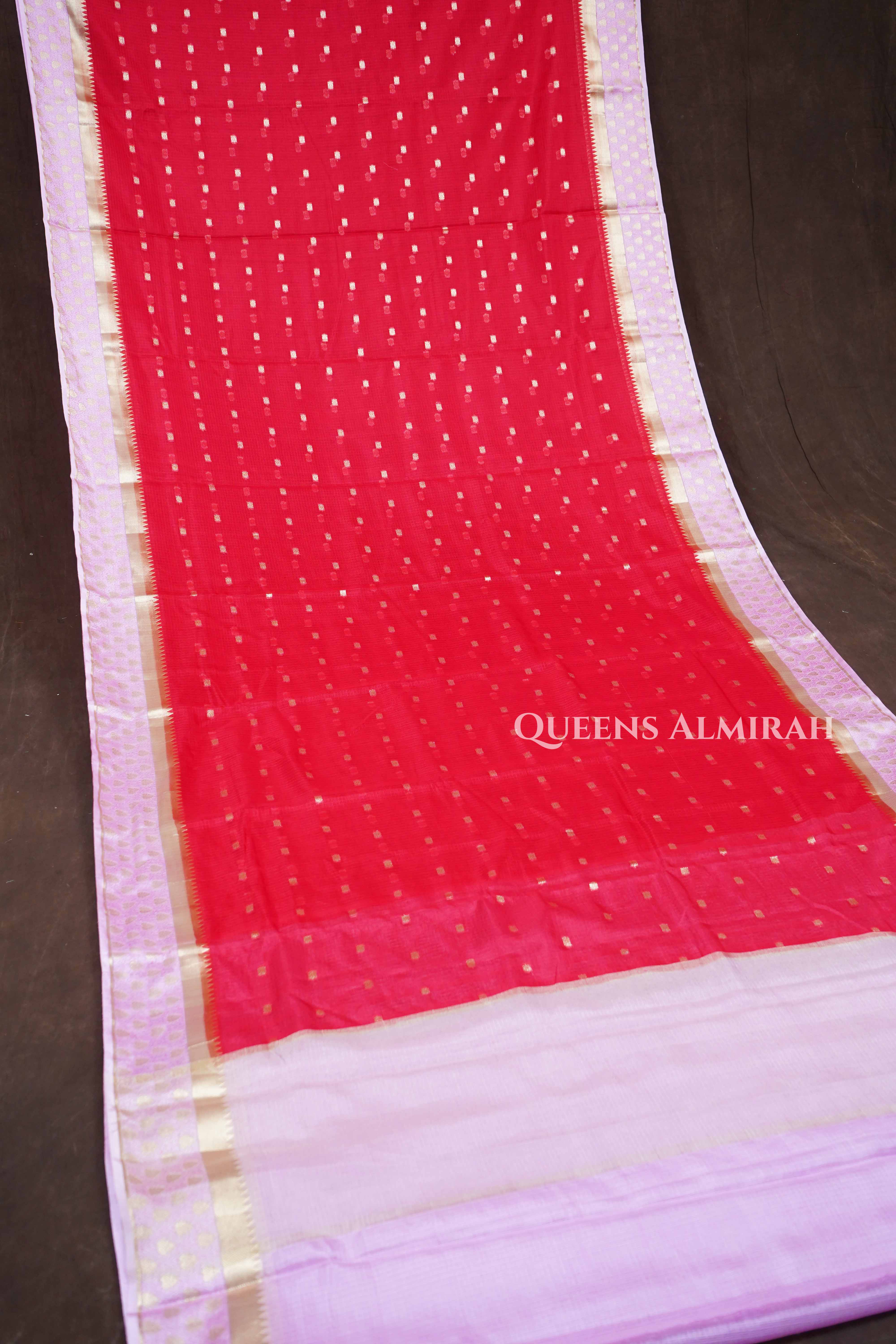 Red With Rose Milk Pink Semi Kota Silk Cotton Saree
