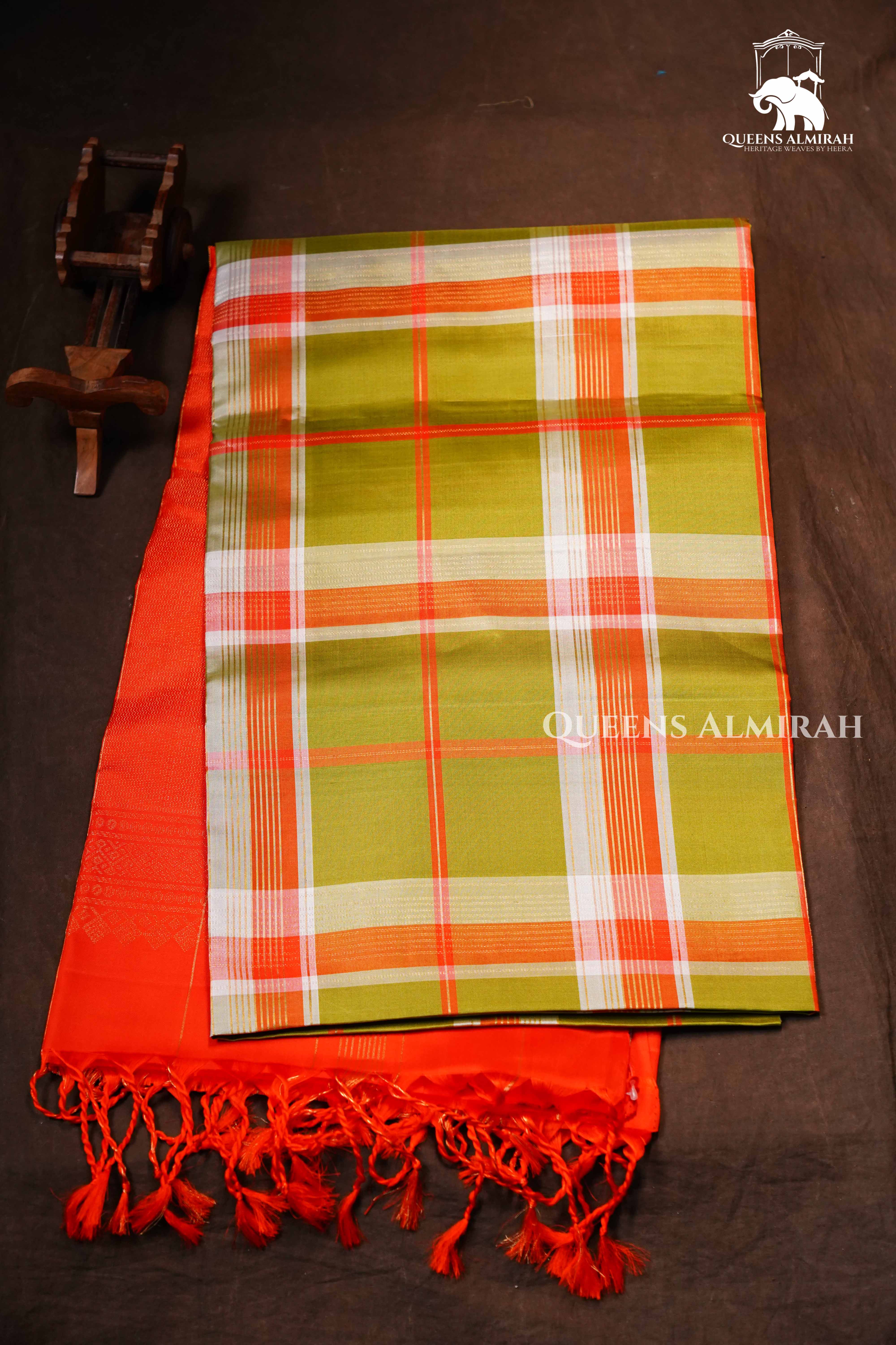 Green With Orange Pure Soft Silk Saree