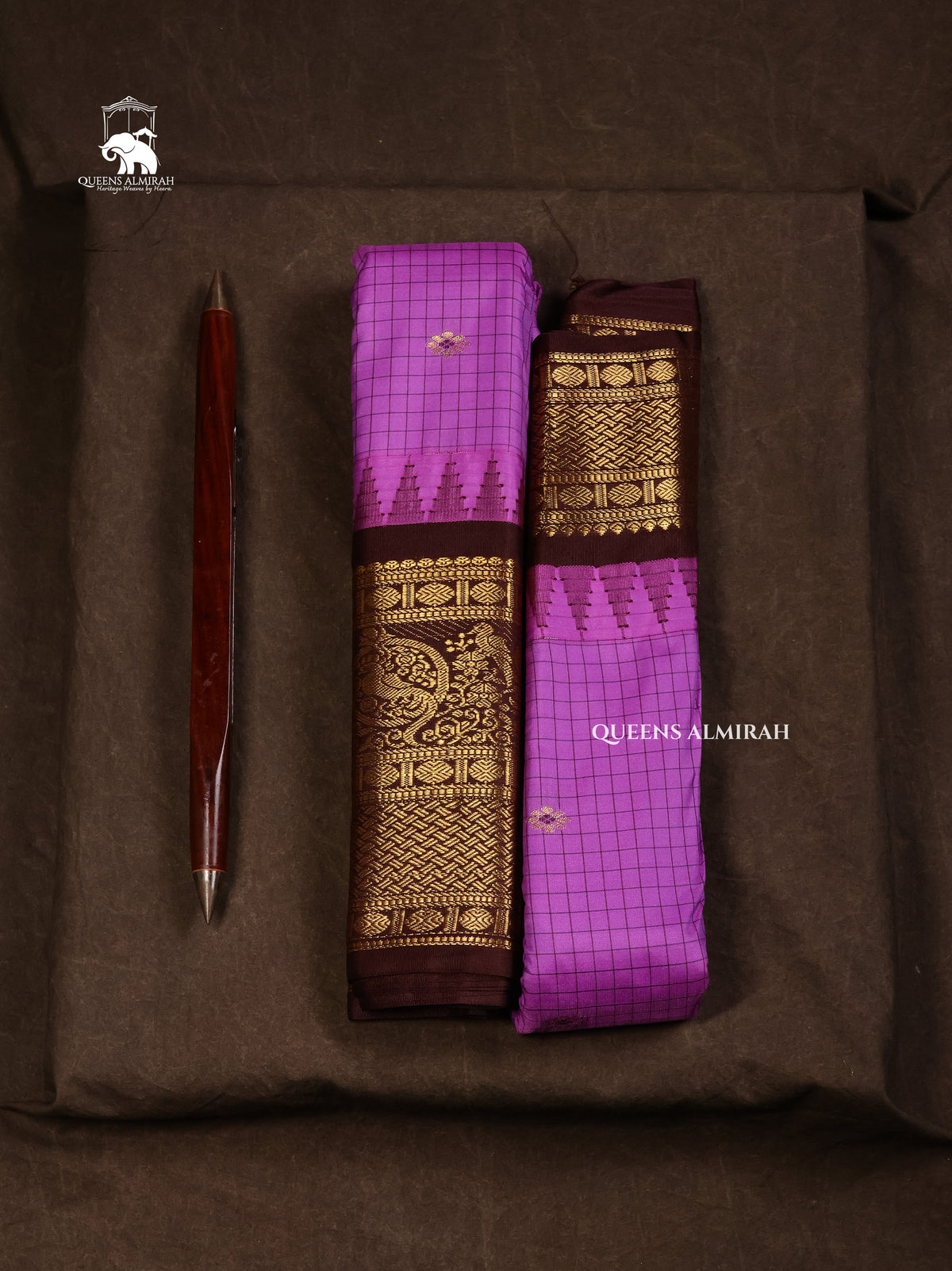 Lavender With Brown Semi Gadwal Silk Saree