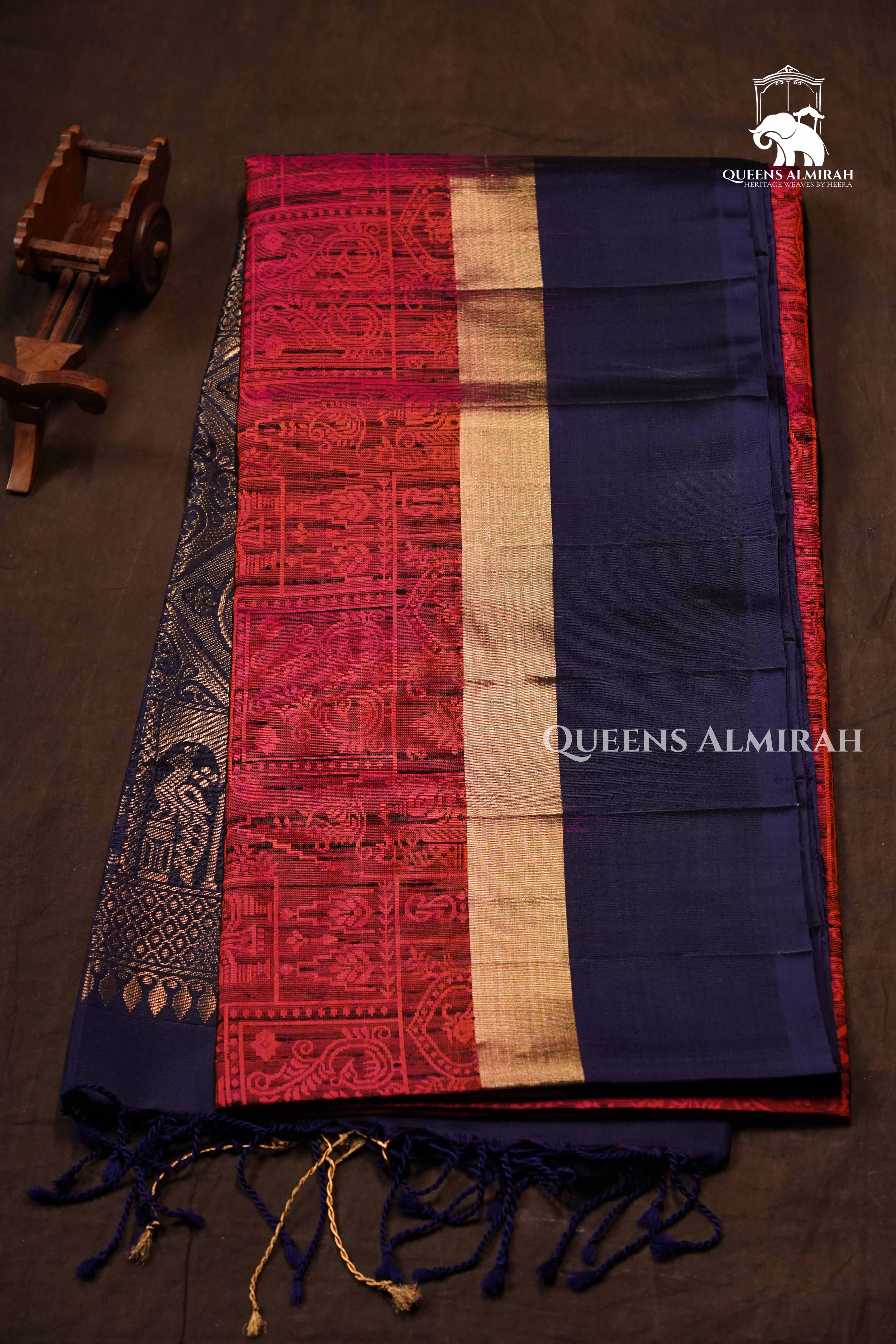 Reddish Orange With Navy Blue Dupion Silk Saree