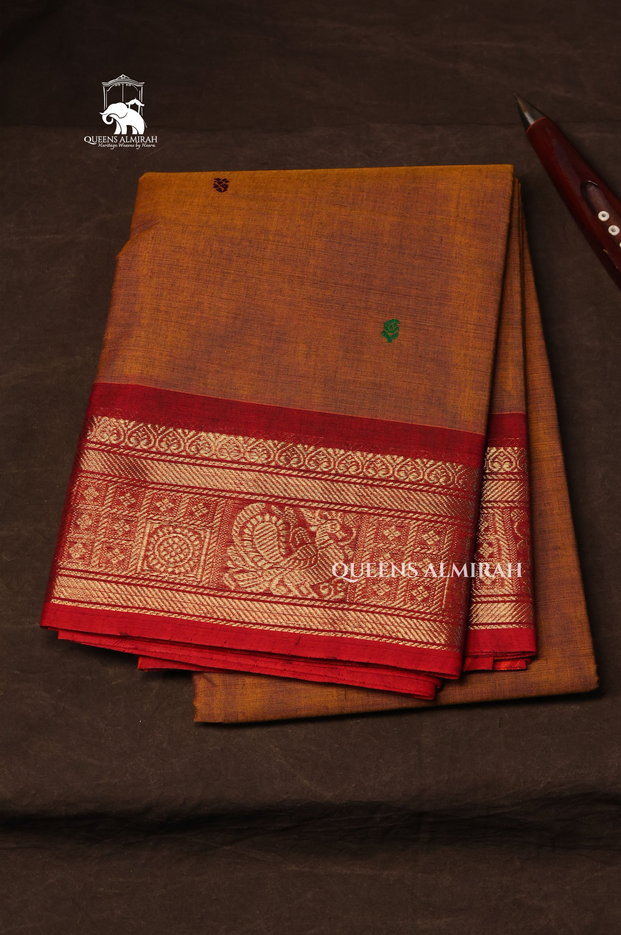 Brown With Red Kanchi Cotton Saree