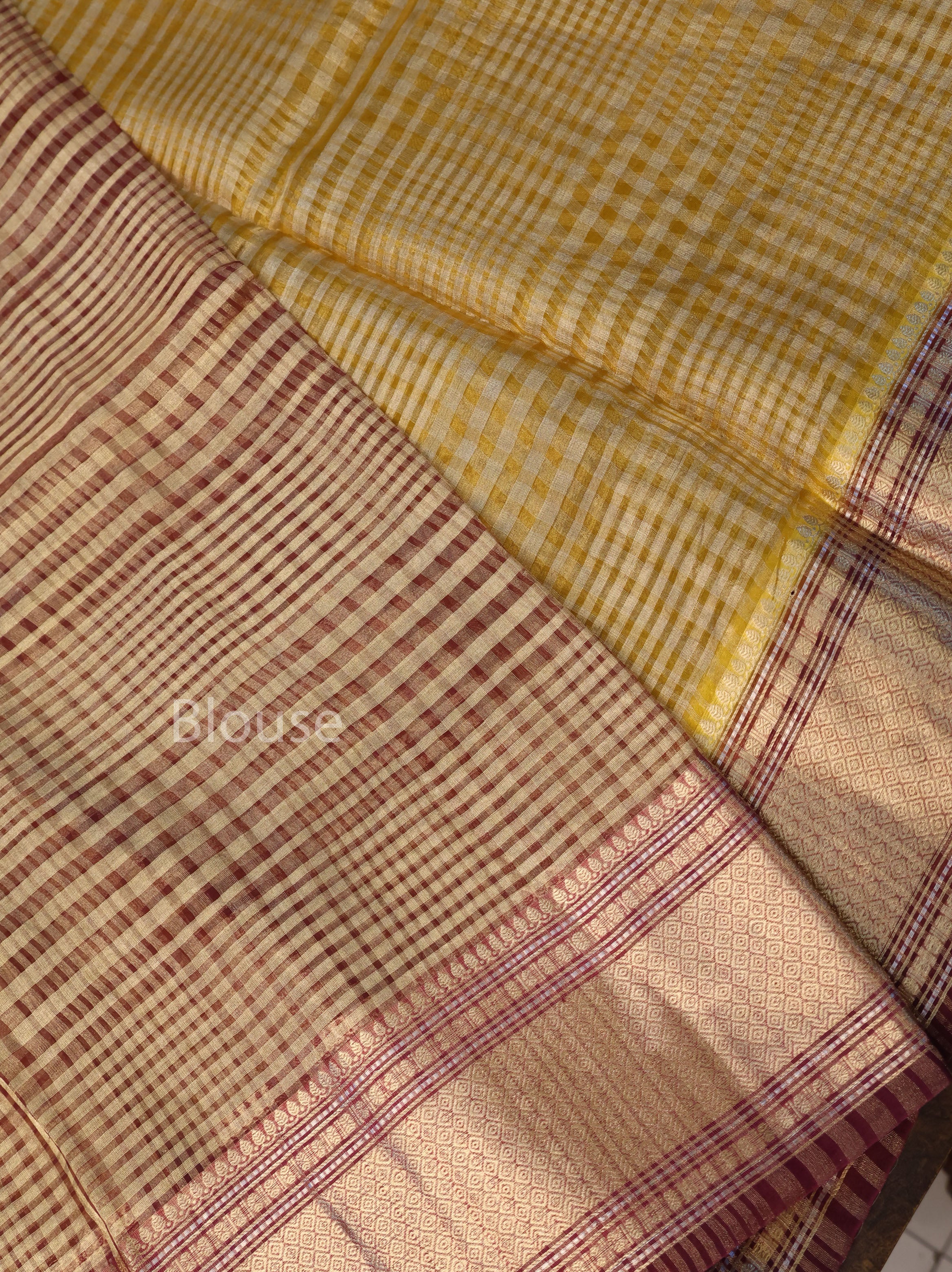 Yellow Checks With Maroon Border Chanderi Katan Silk Handloom Saree