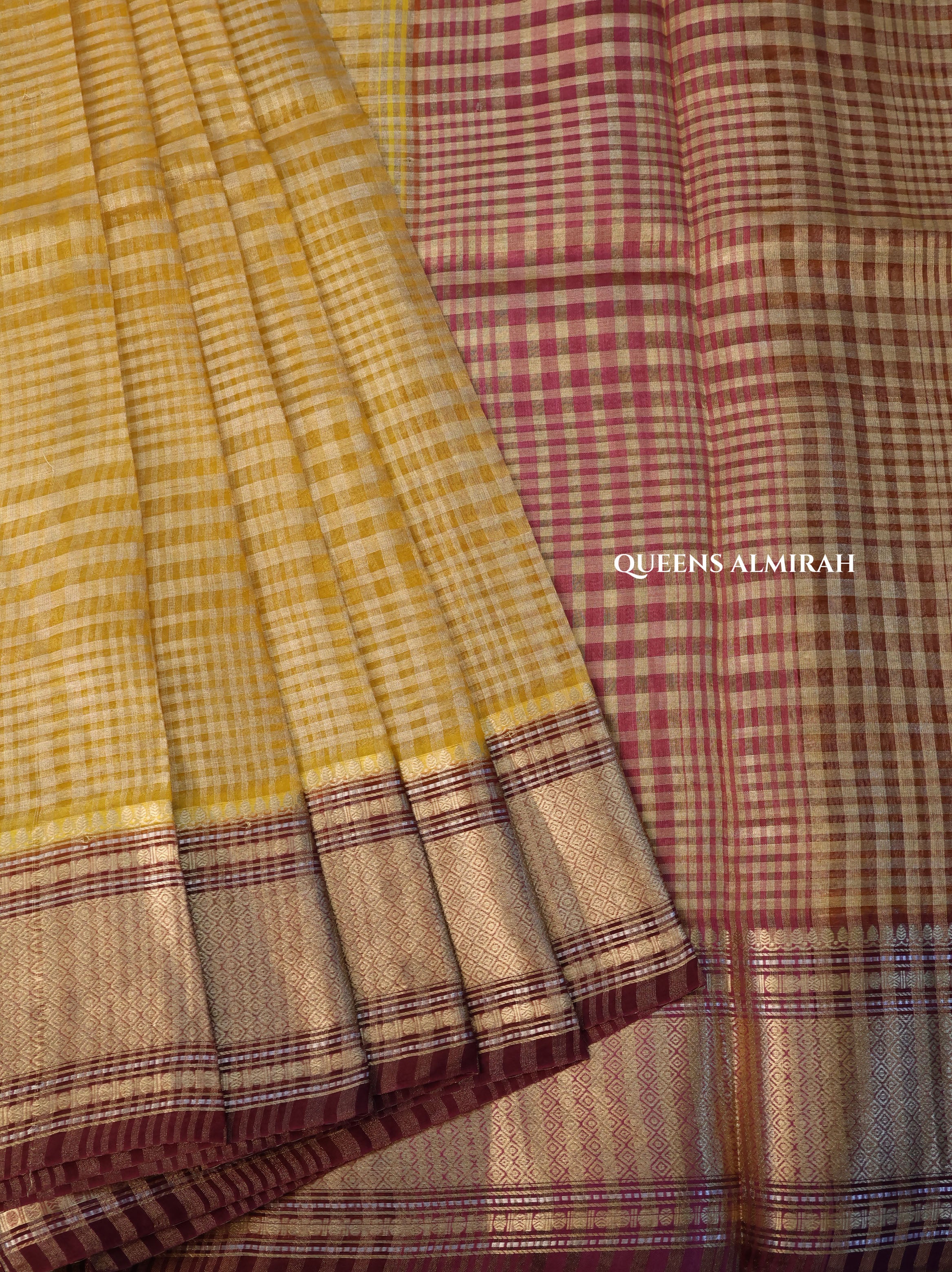 Yellow Checks With Maroon Border Chanderi Katan Silk Handloom Saree