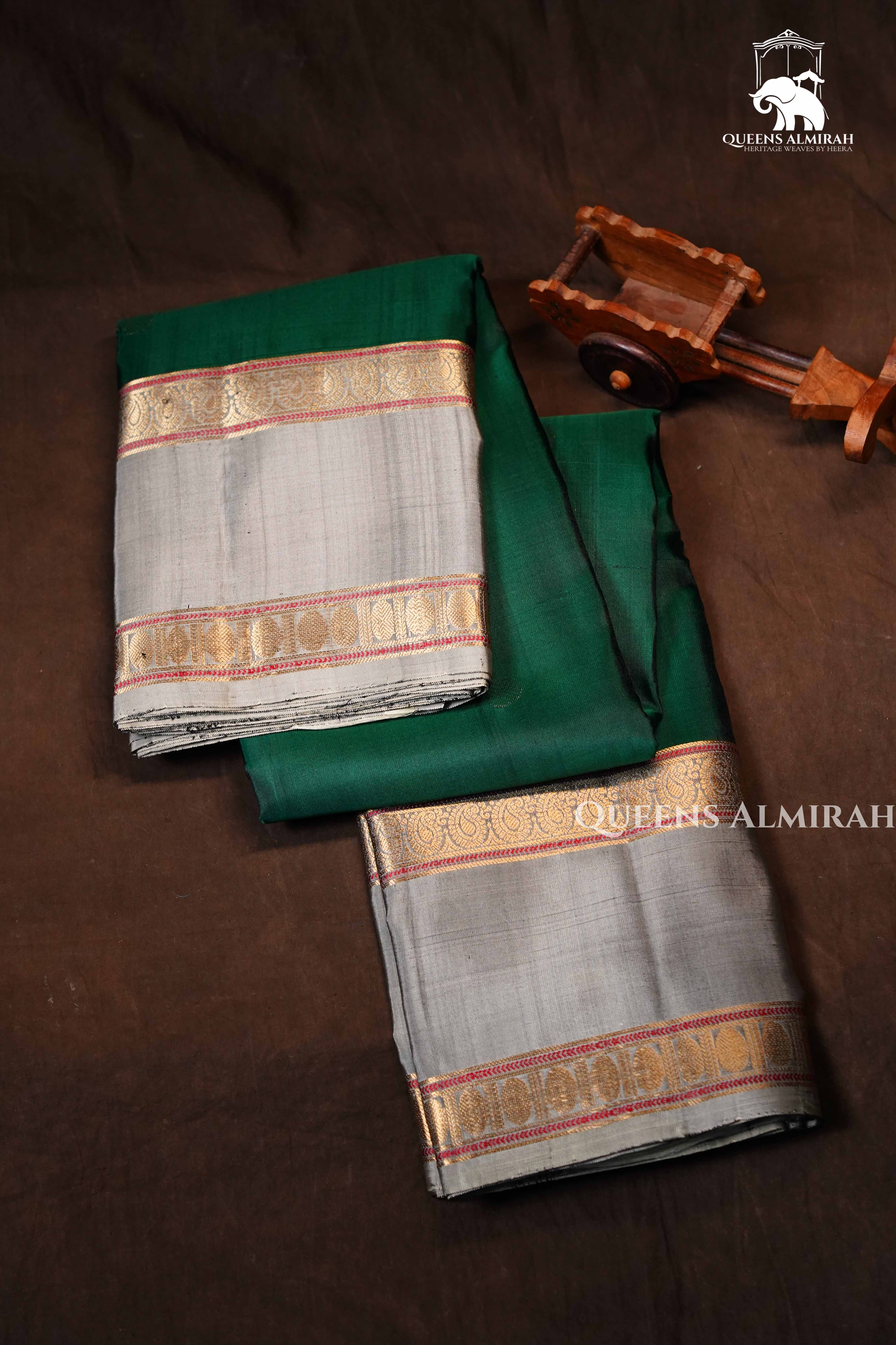 Dark Green With Ash Grey Pure Kanchivaram Silk Saree