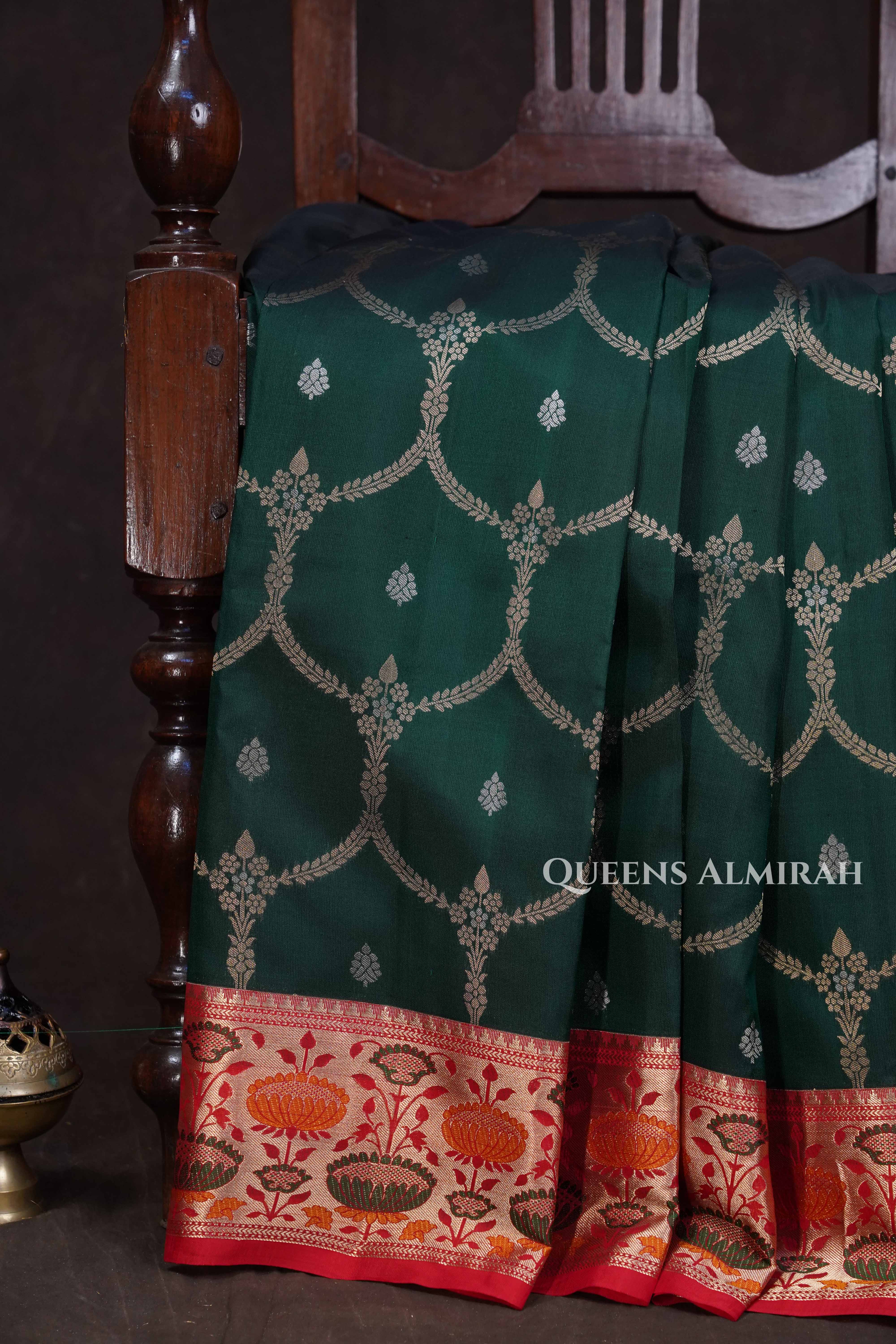 Dark Green With Red Paithani Border Pure Kanchivaram Silk Saree