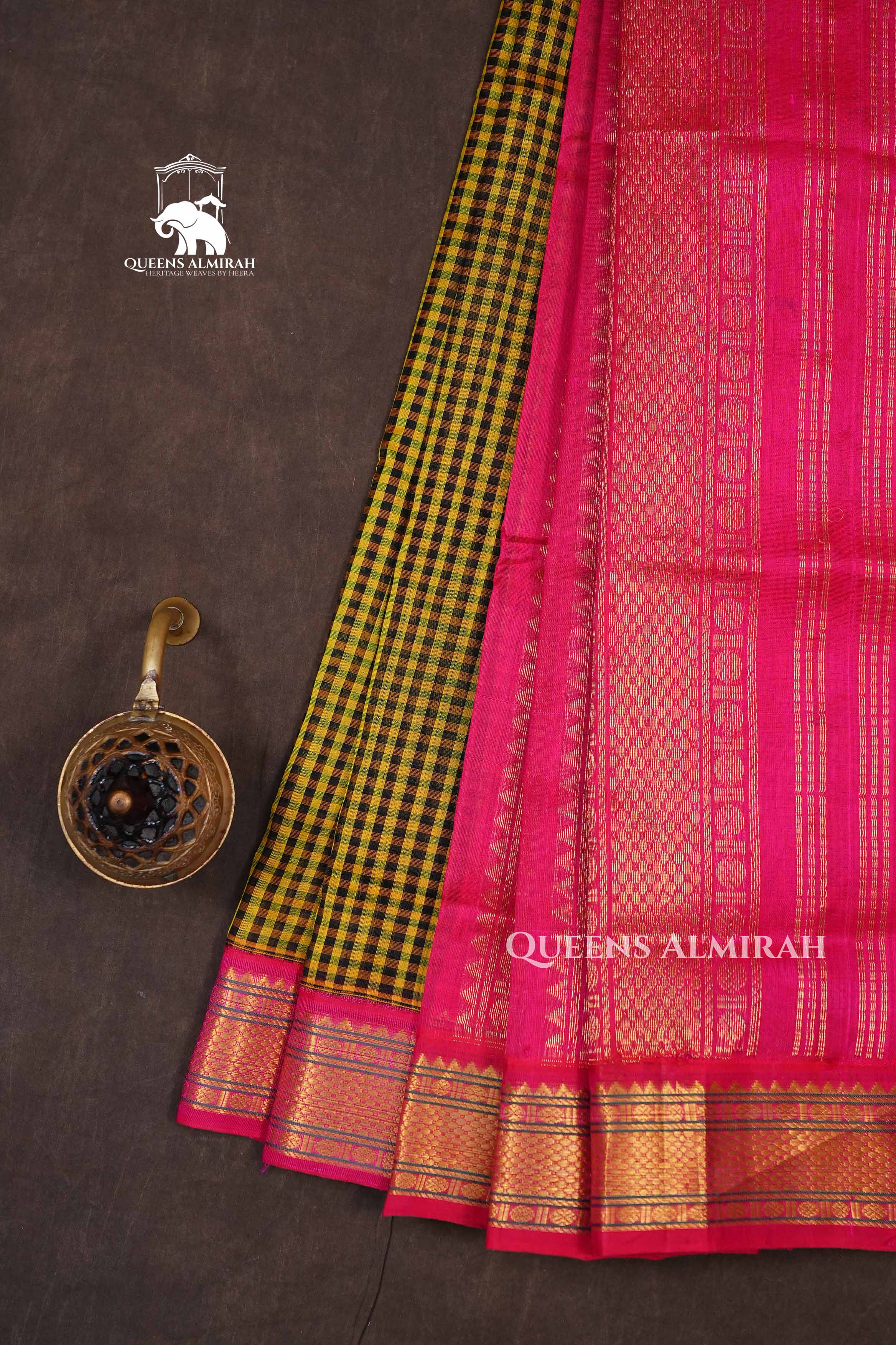 Mustard Yellow Checked With Pink Pure Silk Cotton Saree