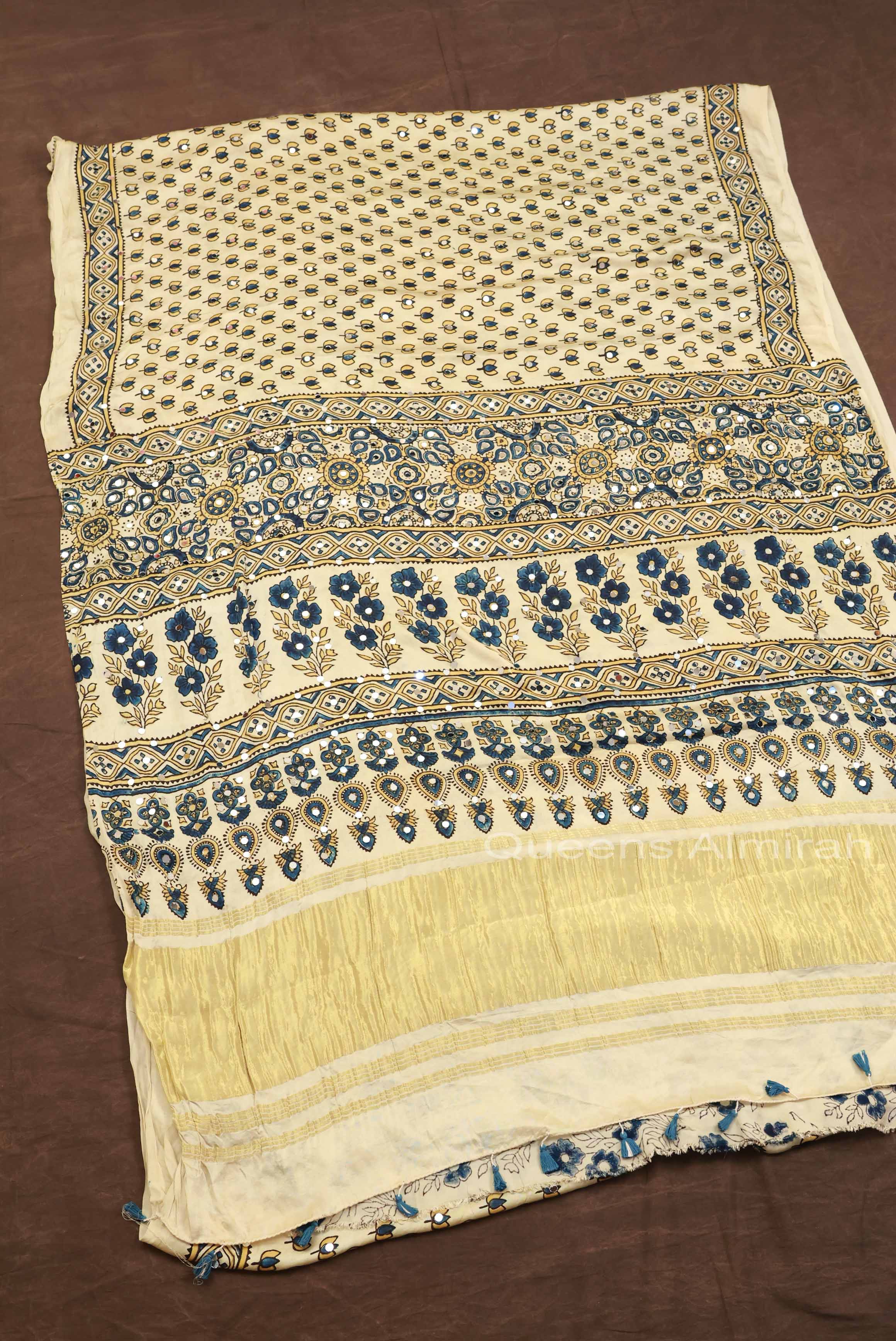 Off White Floral Motif Mirror Work Ajrakh Modal Silk Saree