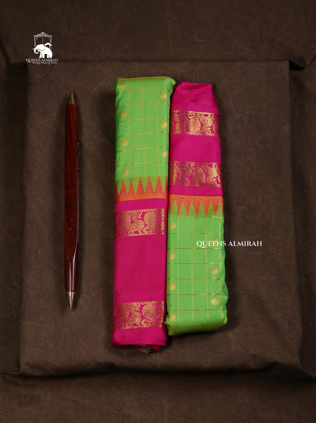 Green Kattam With Pink Border Semi Gadwal Silk Saree