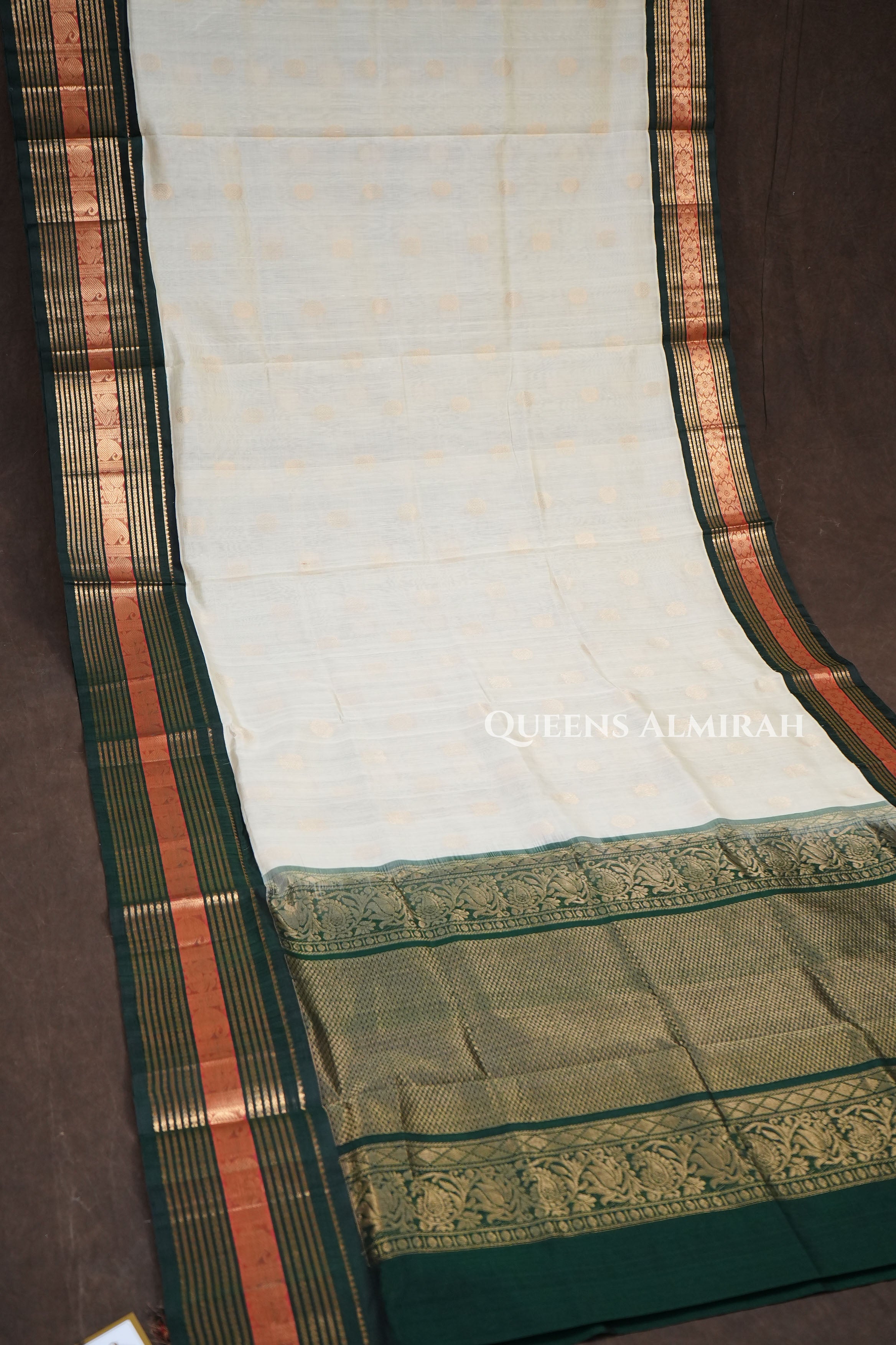 White With Bottle Green Pure Kanchi Silk Cotton Saree