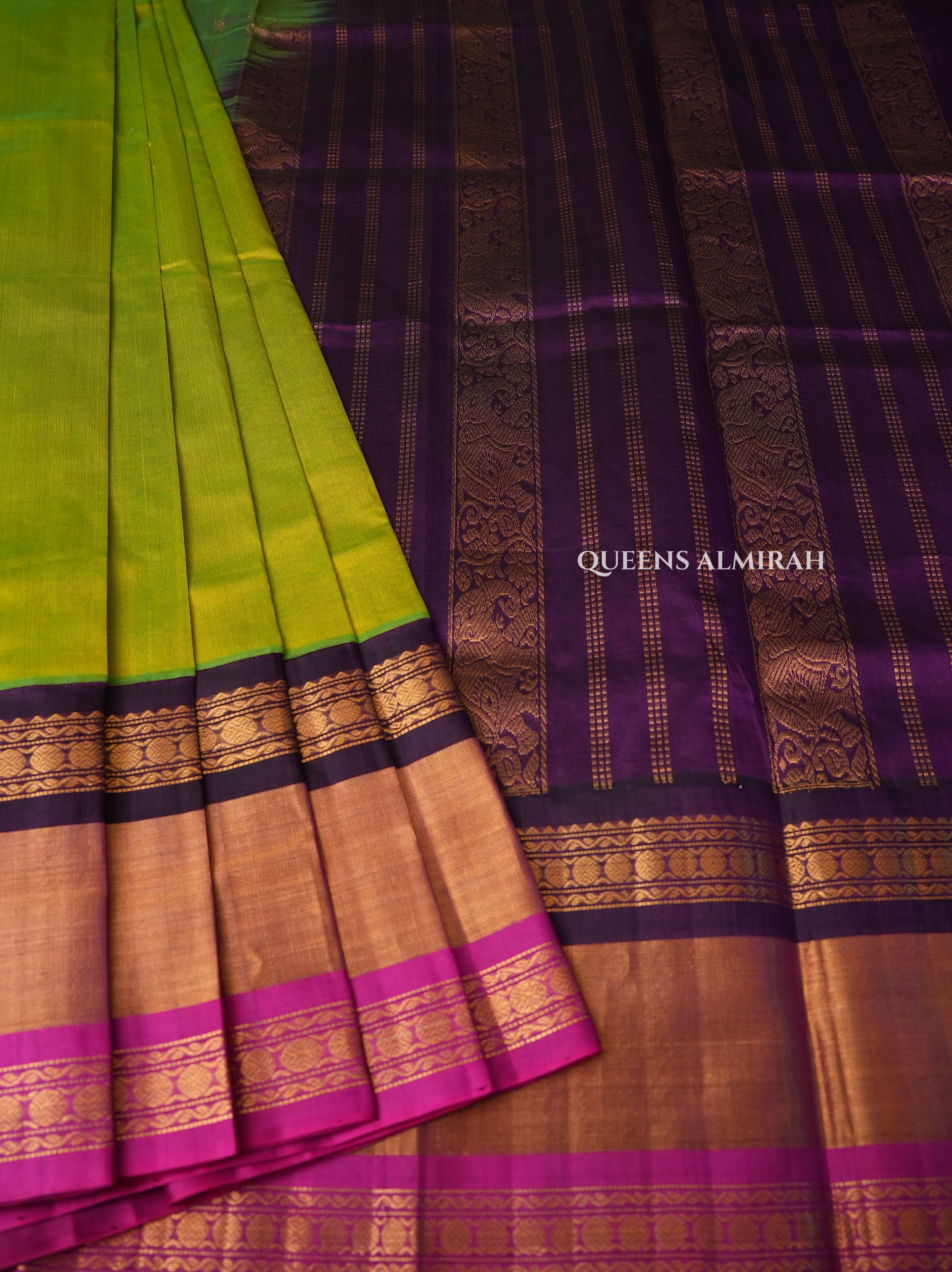 Green With Pink And Purple Border Pure Silk Cotton Saree