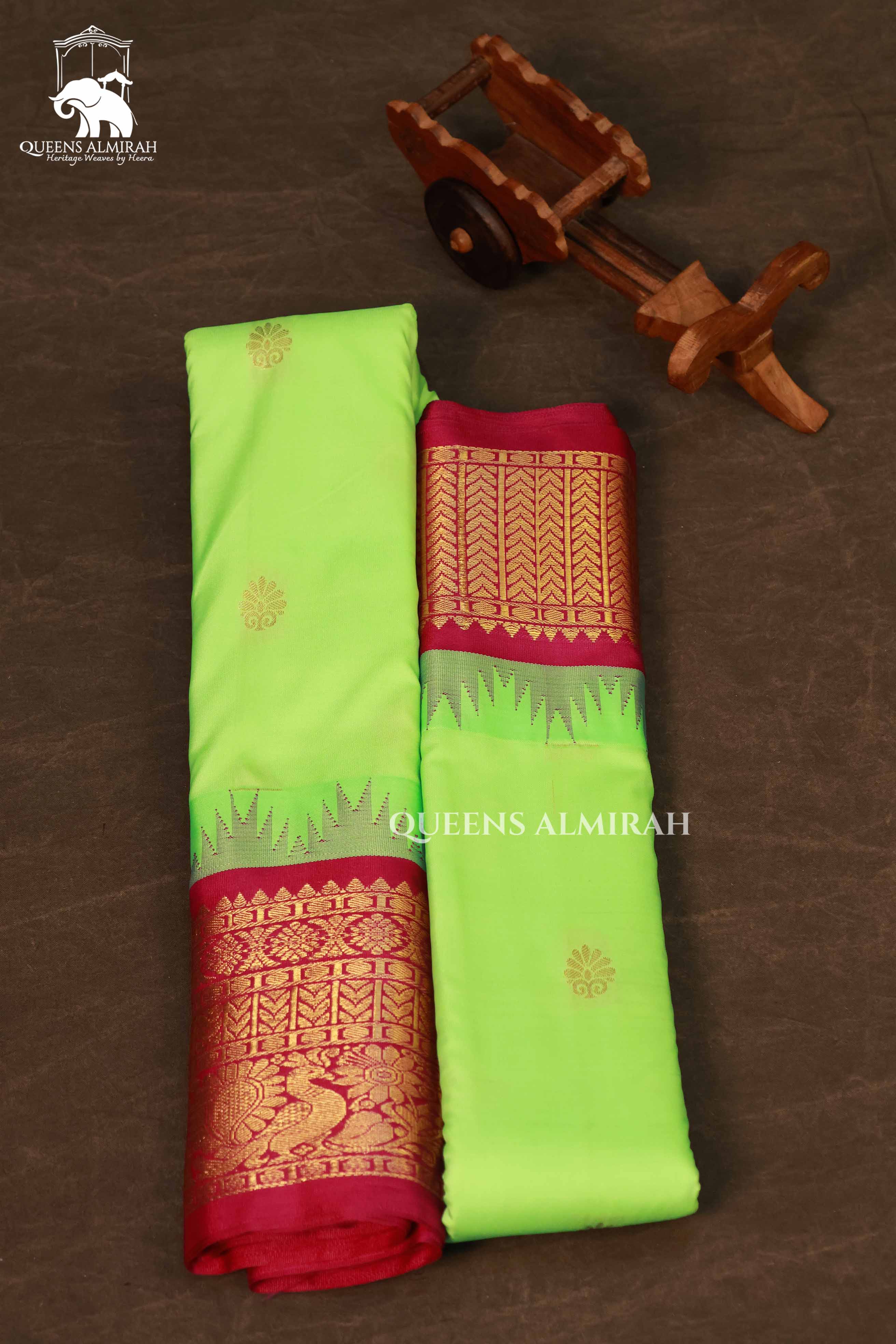 Parrot Green With Maroon Border Semi Gadwal Silk Saree