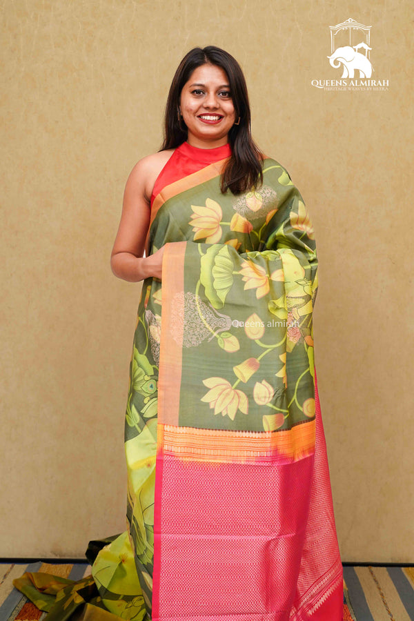 AVOCADO GREEN WITH LEMON GINGER KANCHIVARAM SILK SAREE - Queens Jewel Emporium