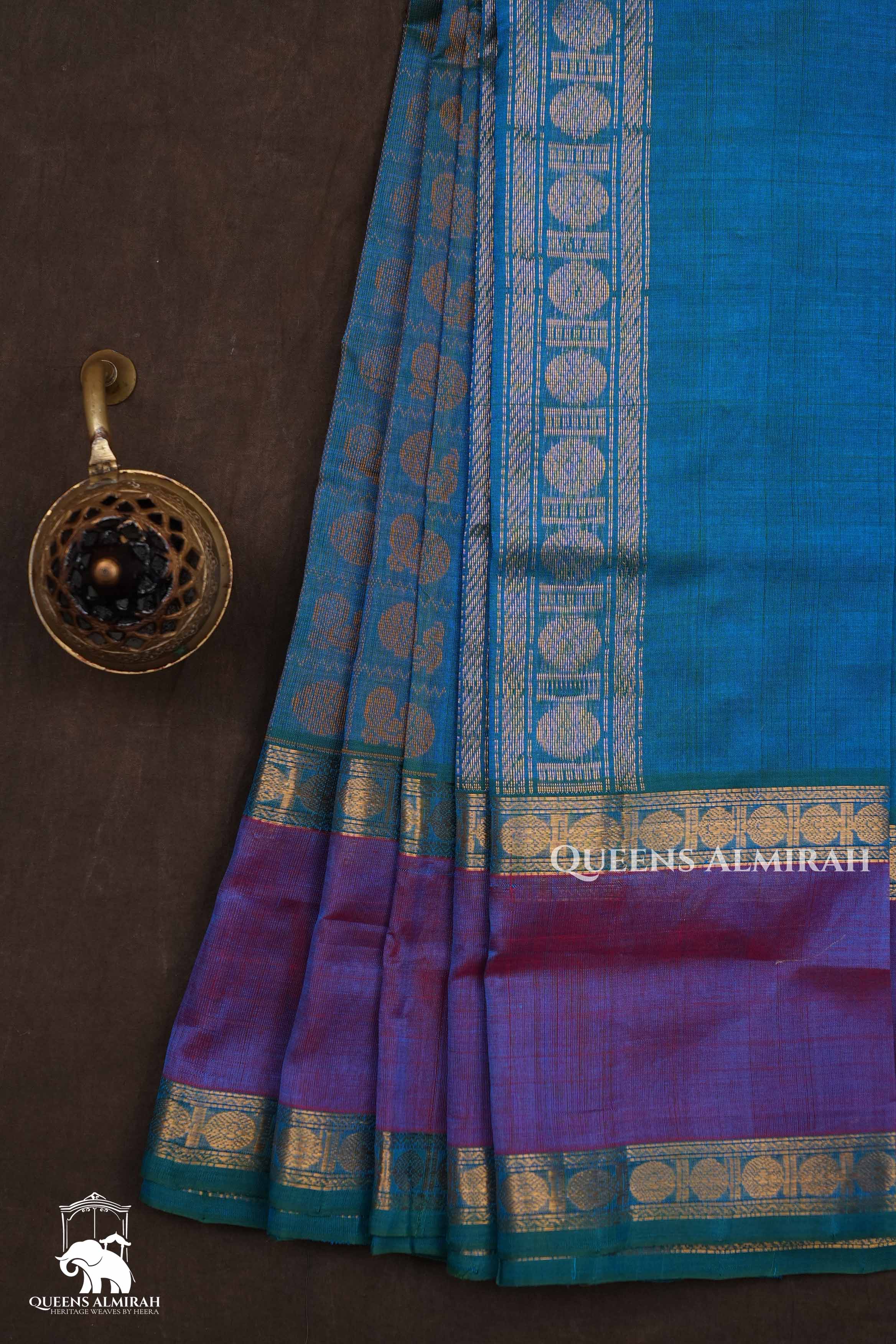 Peacock Blue With Purple Chettinad Silk Cotton Saree
